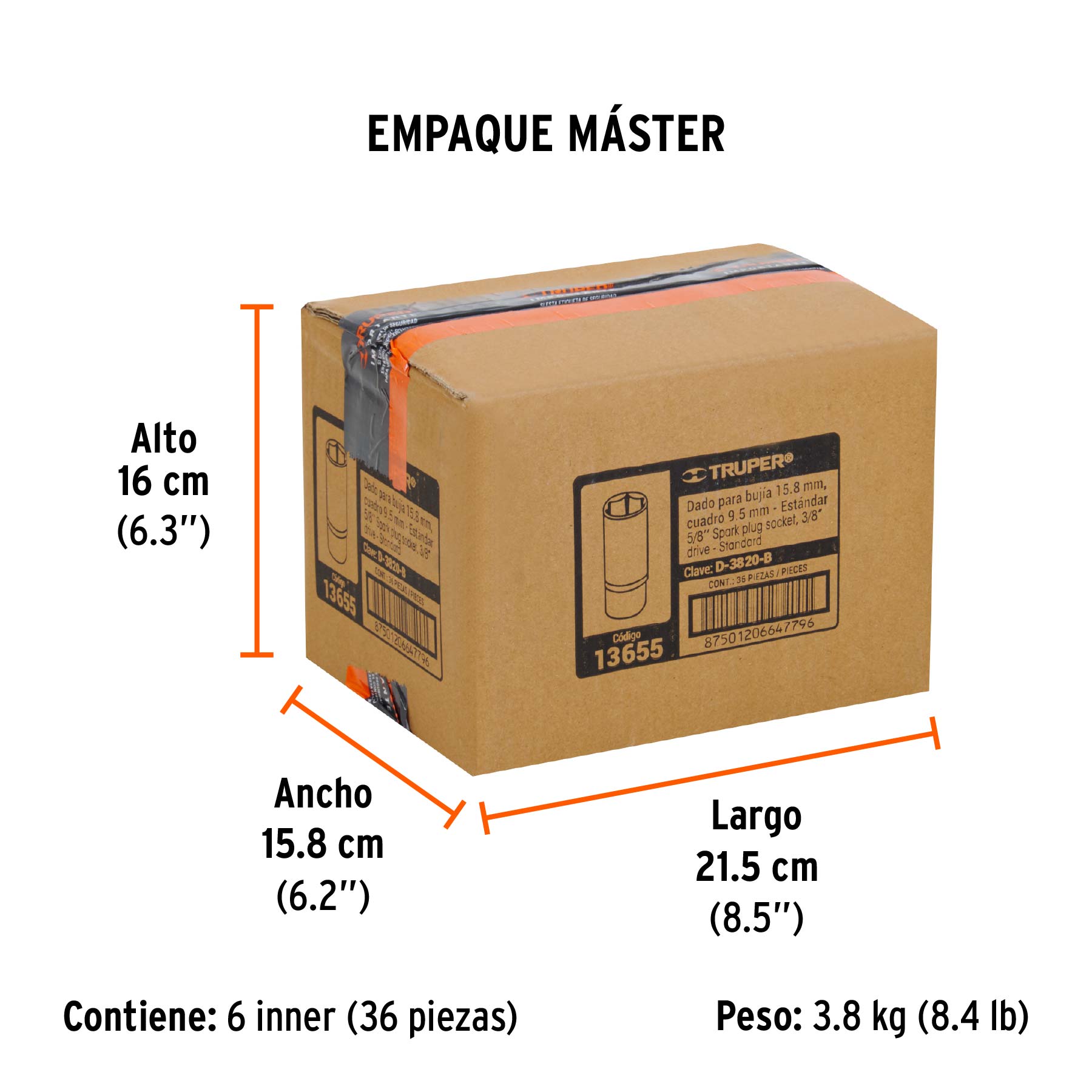 Dado para bujías de 5/8", 6 puntas, cuadro 3/8", TRUPER - Empaque