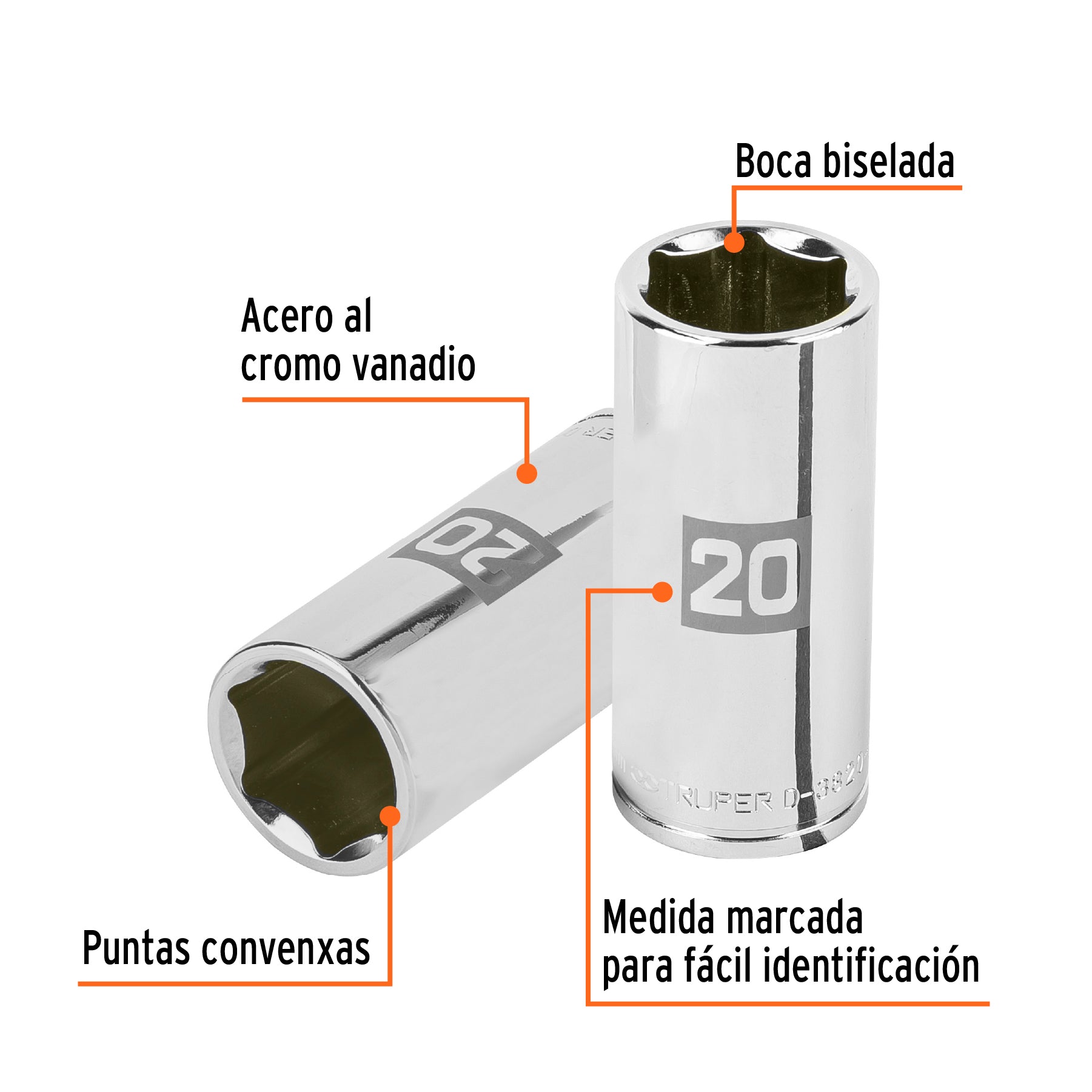 Dado largo de 20 mm, 6 puntas, cuadro 3/8", TRUPER