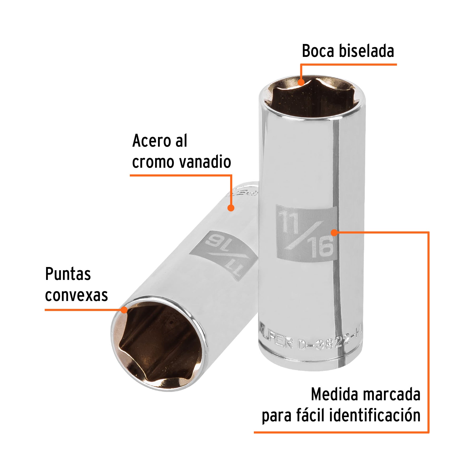 Dado largo de 11/16", 6 puntas, cuadro 3/8", TRUPER