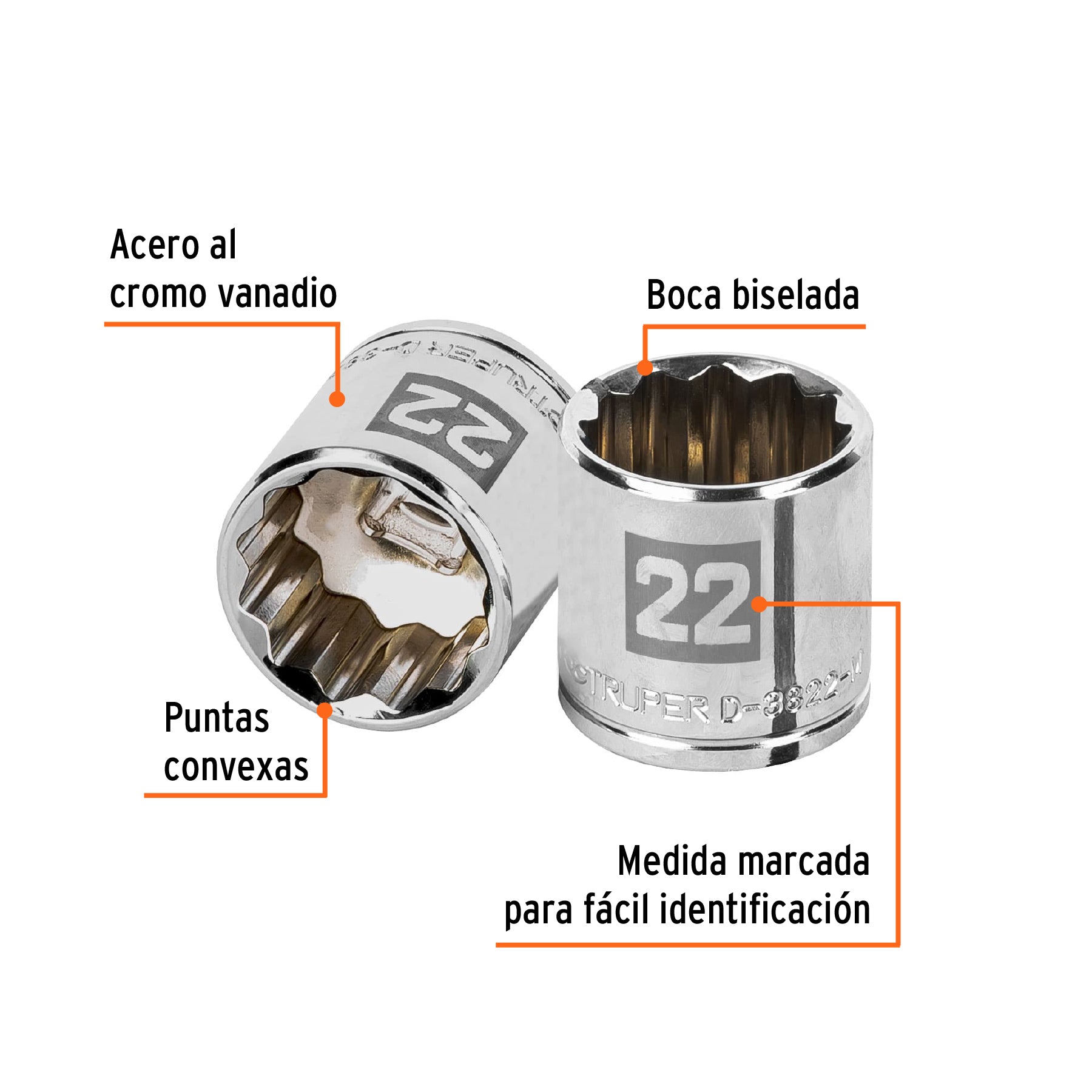 Dado de 22 mm, 12 puntas, cuadro 3/8", TRUPER