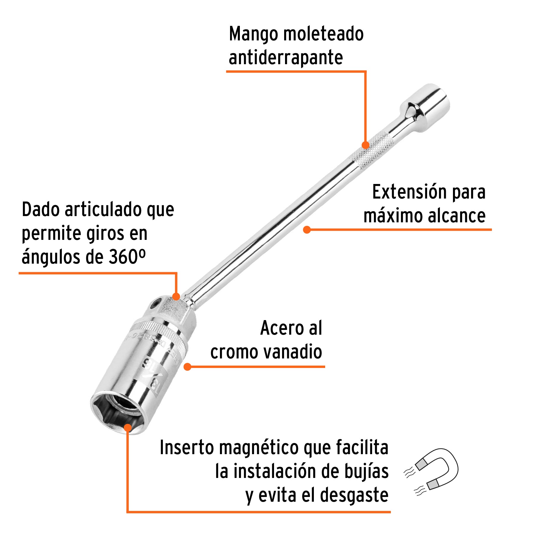 Dado p/bujías cuadro 3/8" articulado 13/16", extensión 10"