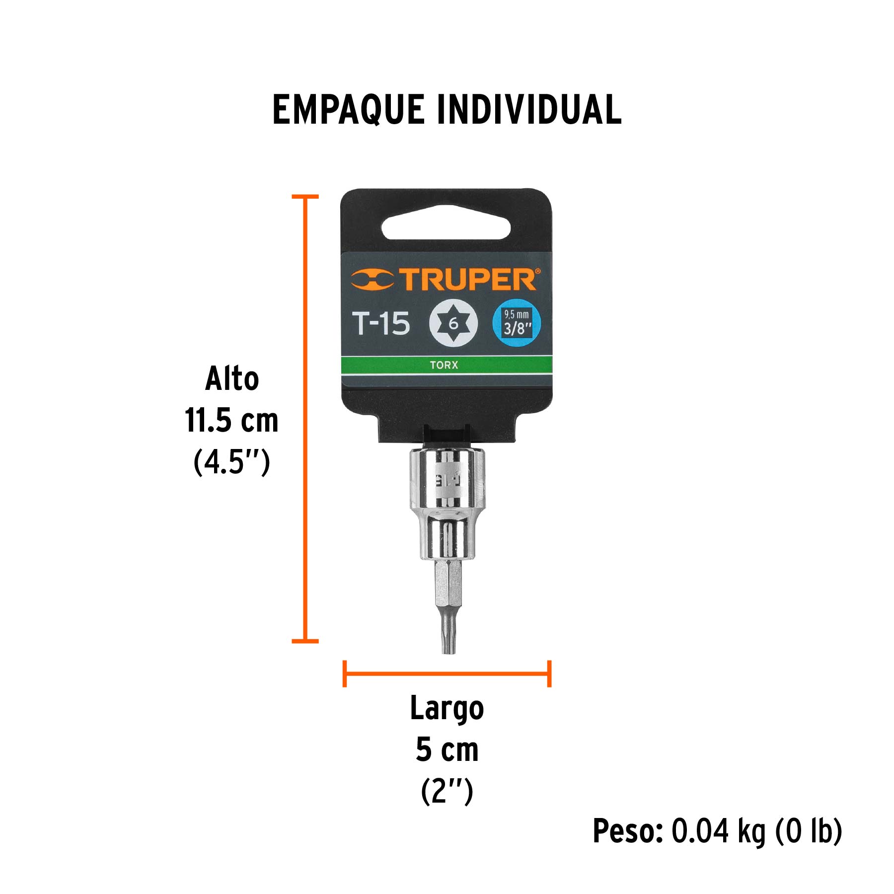 Dado punta torx T-15, cuadro 3/8", TRUPER - Empaque