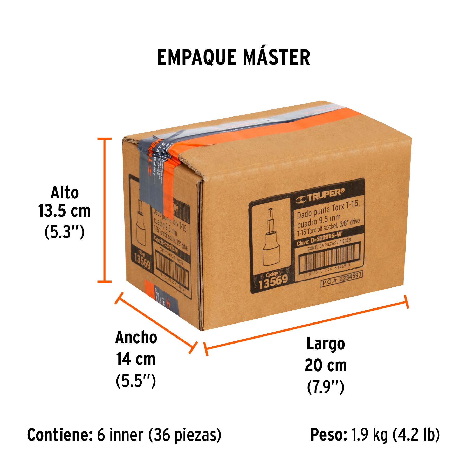 Dado punta torx T-15, cuadro 3/8", TRUPER - Empaque