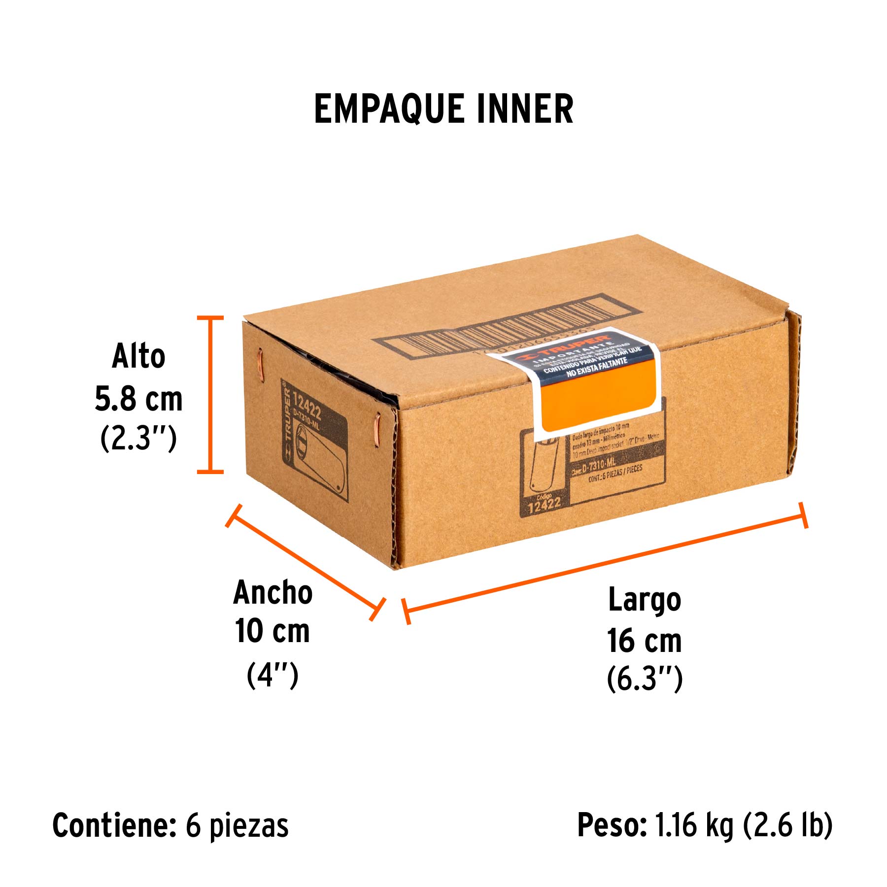 Dado largo cuadro 1/2" de impacto 6 puntas de 10 mm, TRUPER - Empaque