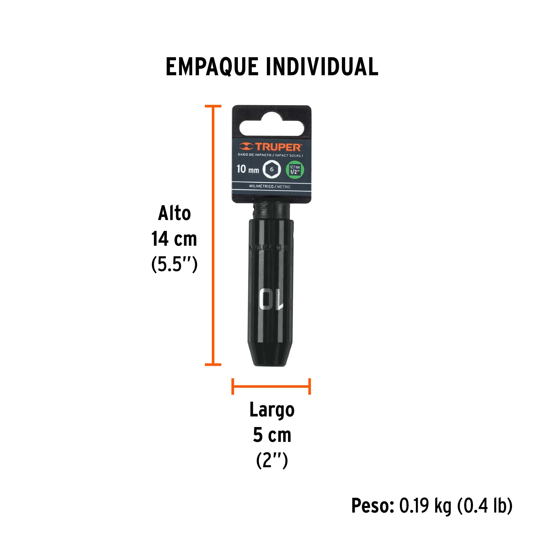 Dado largo cuadro 1/2" de impacto 6 puntas de 10 mm, TRUPER - Empaque