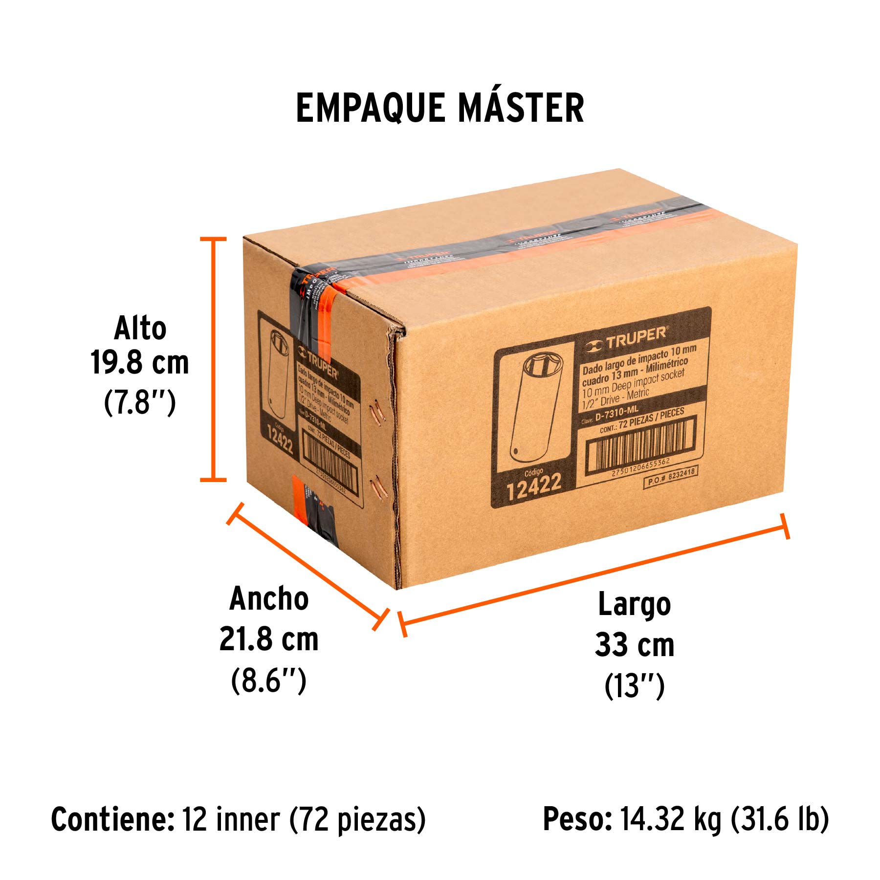 Dado largo cuadro 1/2" de impacto 6 puntas de 10 mm, TRUPER - Empaque