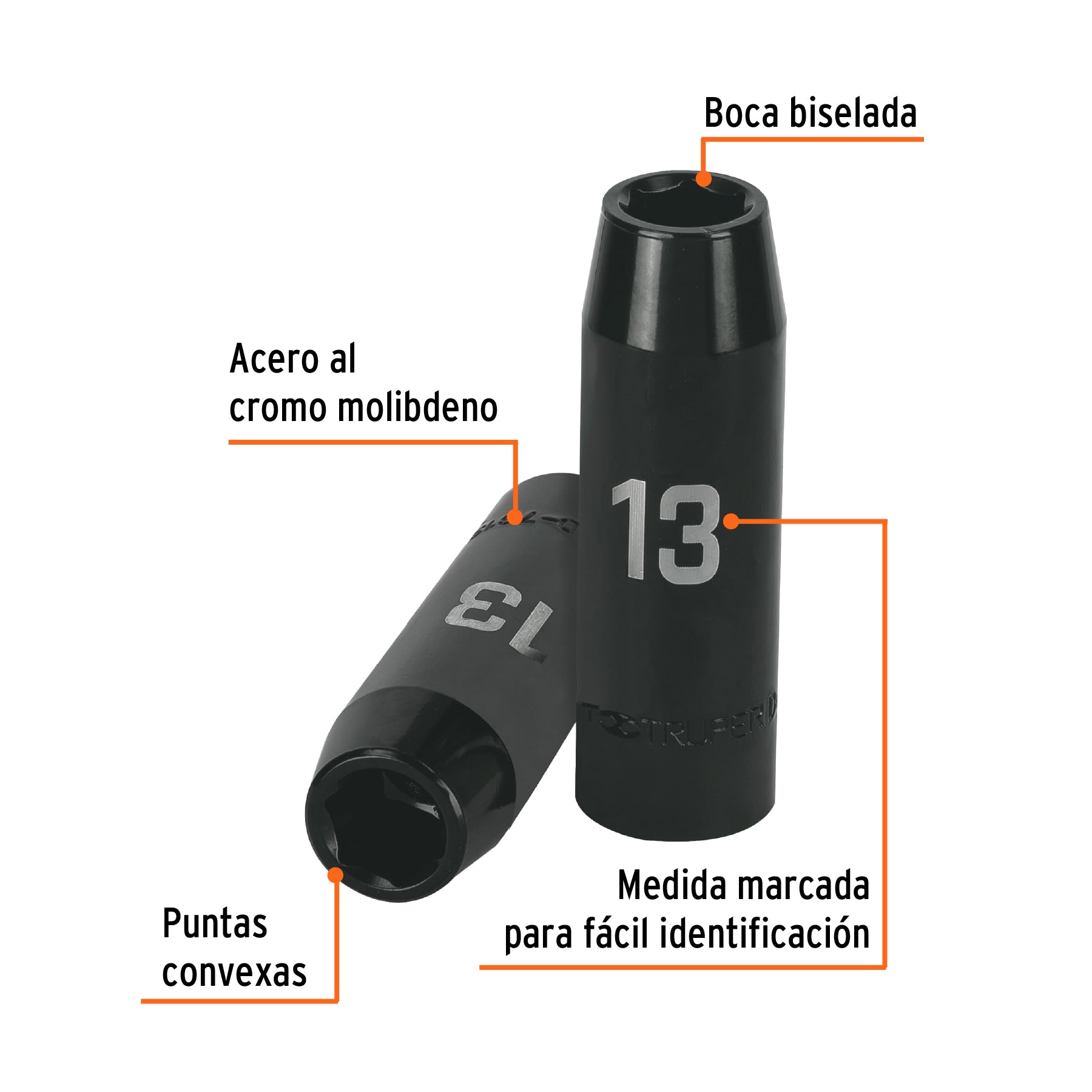Dado largo cuadro 1/2" de impacto 6 puntas de 13 mm, TRUPER
