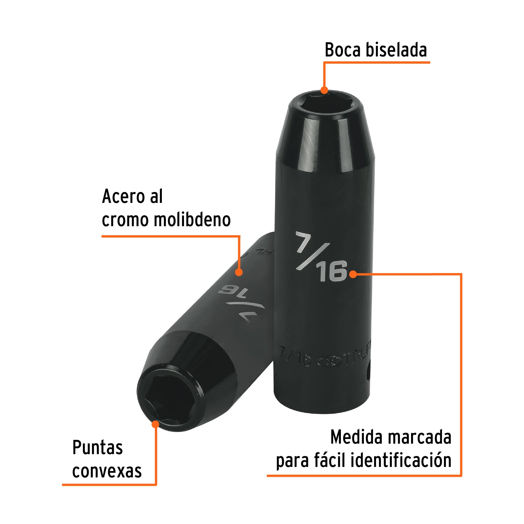Dado largo impacto de 7/16", 6 puntas, cuadro 1/2", TRUPER