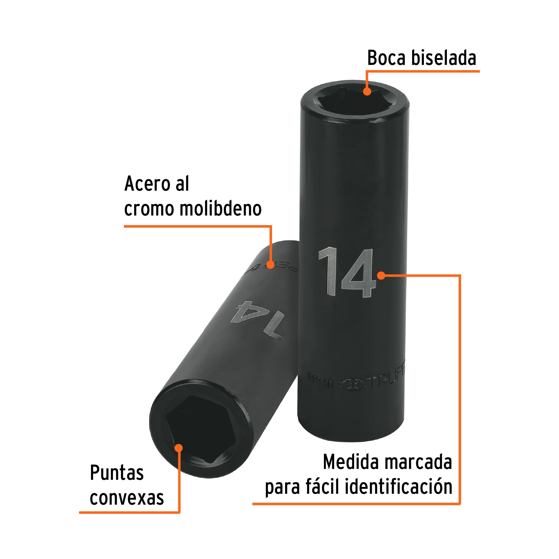 Dado largo cuadro 1/2" de impacto 6 puntas de 14 mm, TRUPER