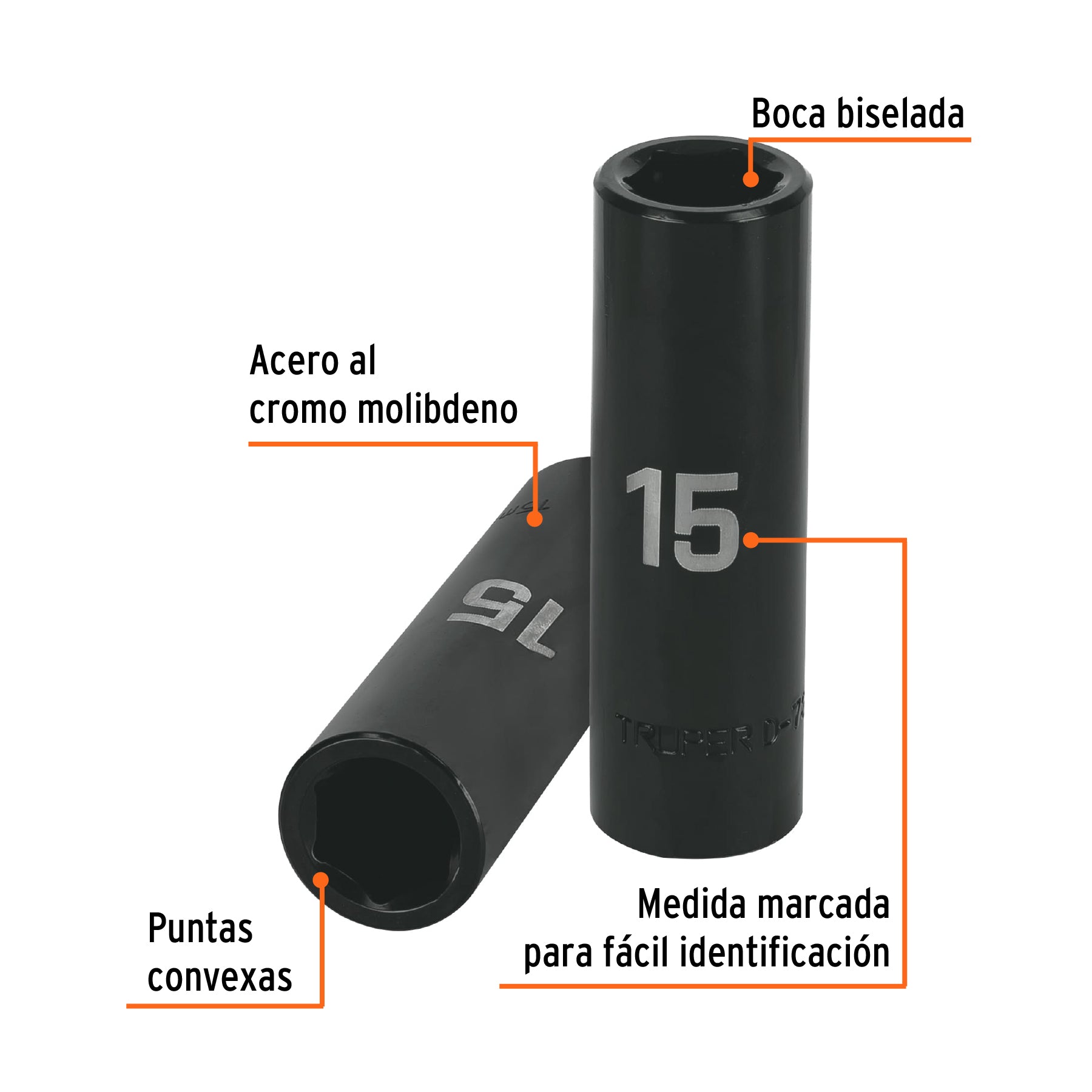 Dado largo cuadro 1/2" de impacto 6 puntas de 15 mm, TRUPER