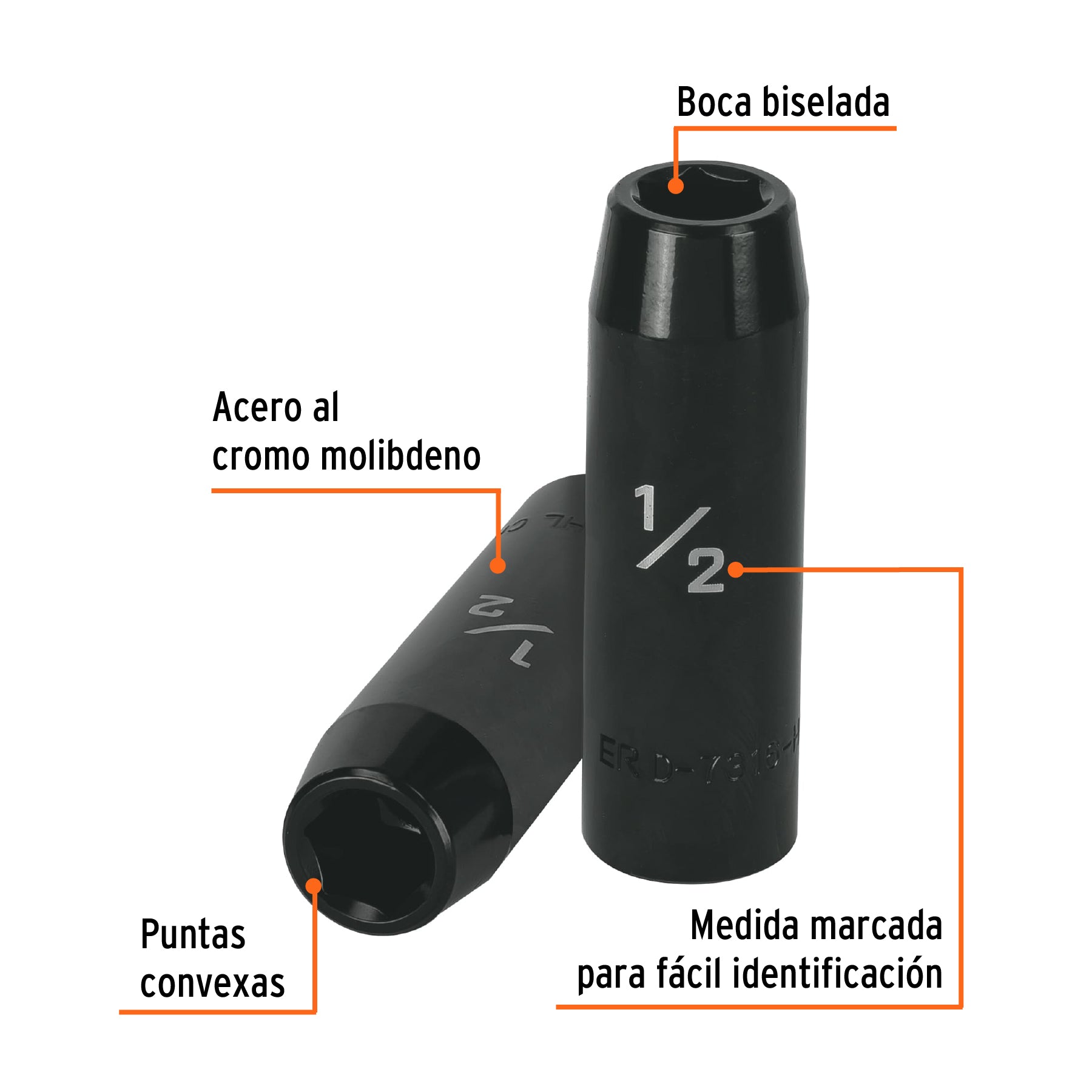 Dado largo impacto de 1/2", 6 puntas, cuadro 1/2", TRUPER