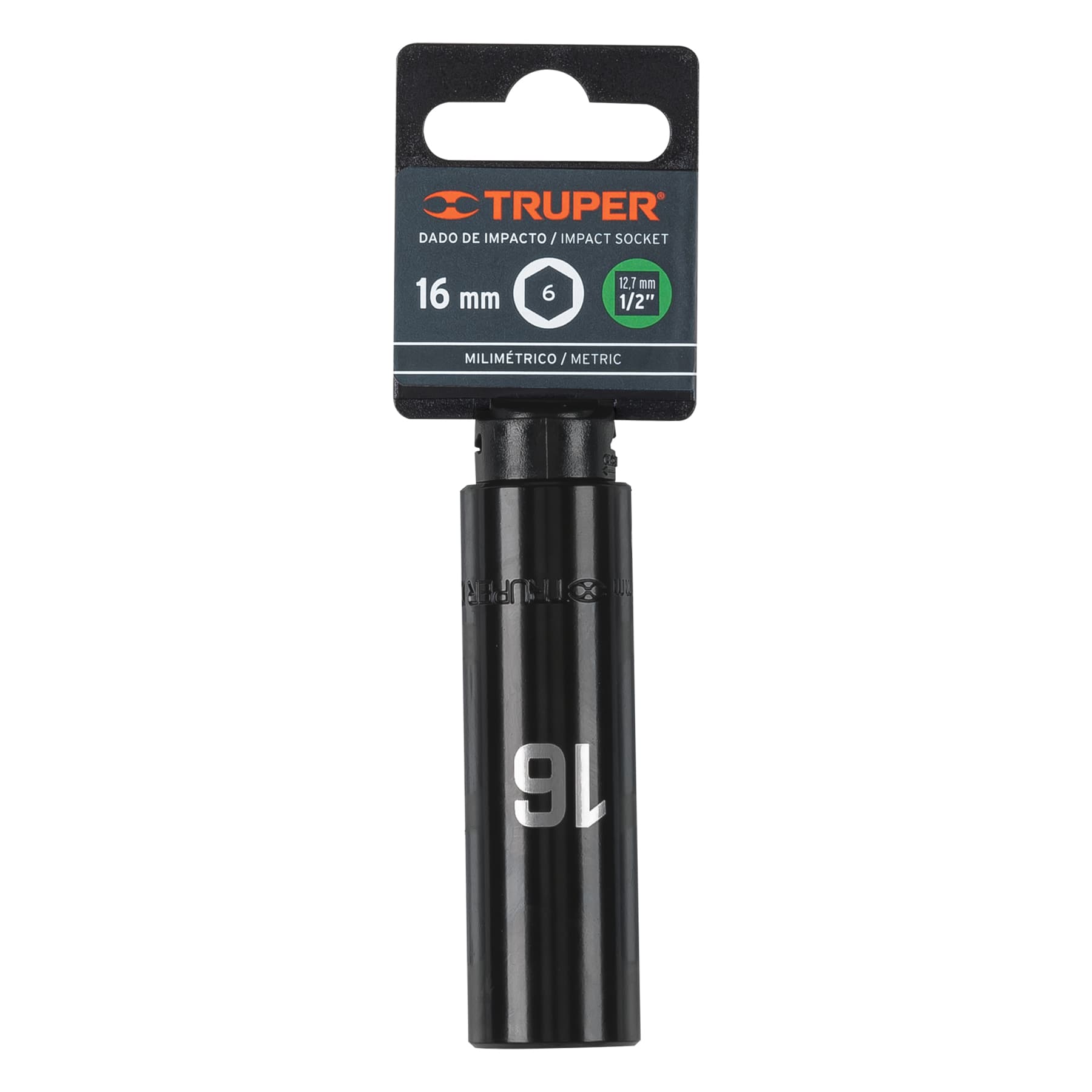 Dado largo cuadro 1/2" de impacto 6 puntas de 16 mm, TRUPER