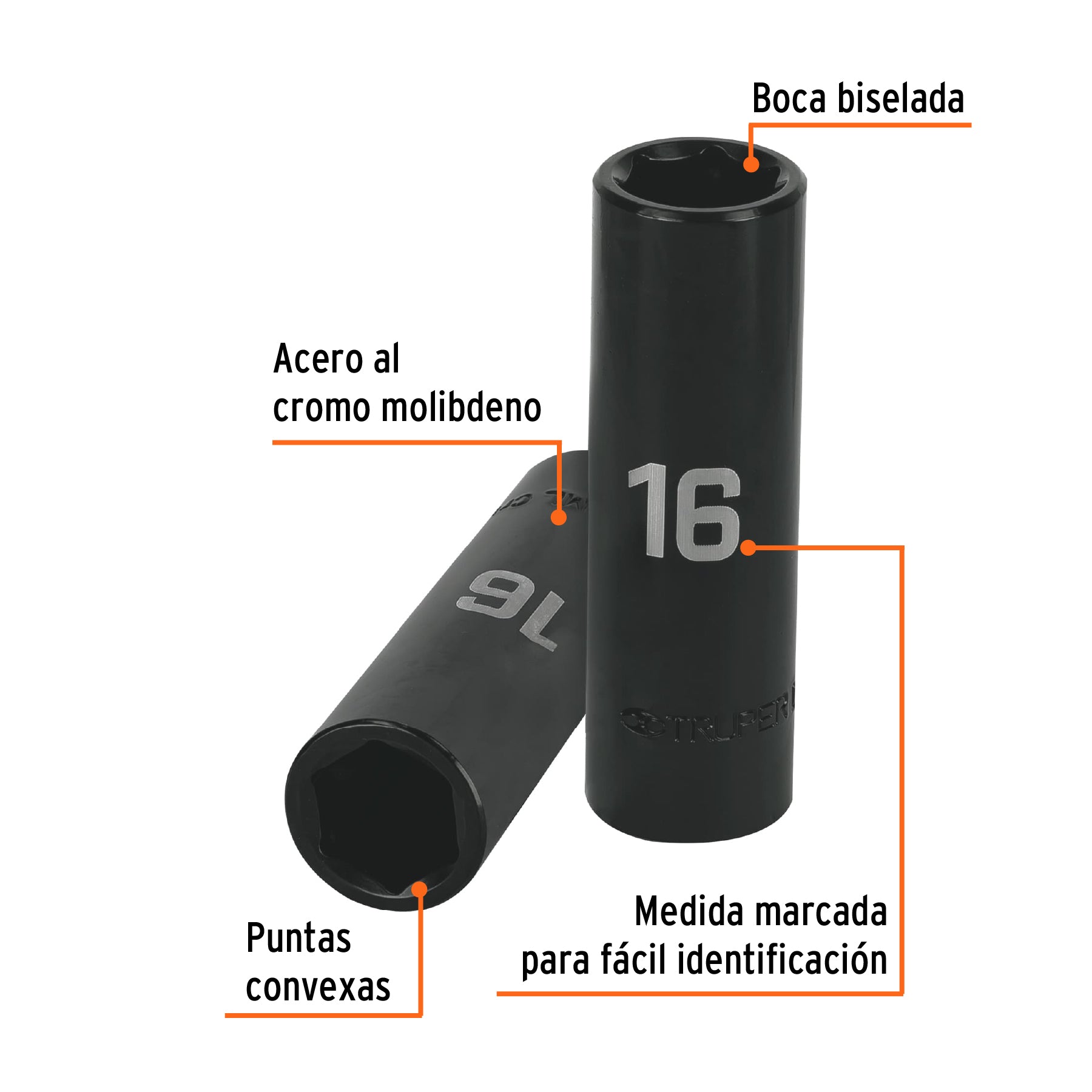 Dado largo cuadro 1/2" de impacto 6 puntas de 16 mm, TRUPER