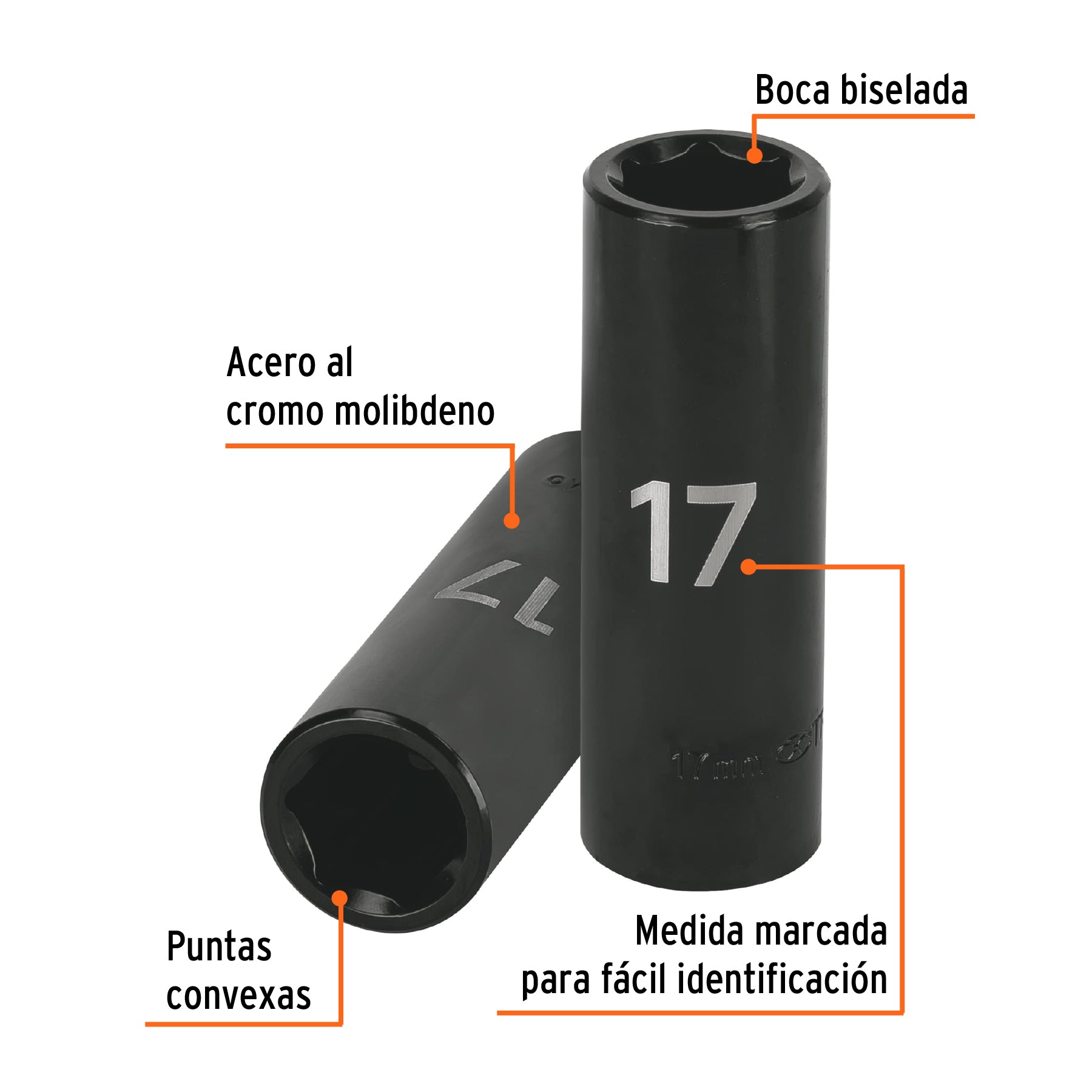 Dado largo cuadro 1/2" de impacto 6 puntas de 17 mm, TRUPER