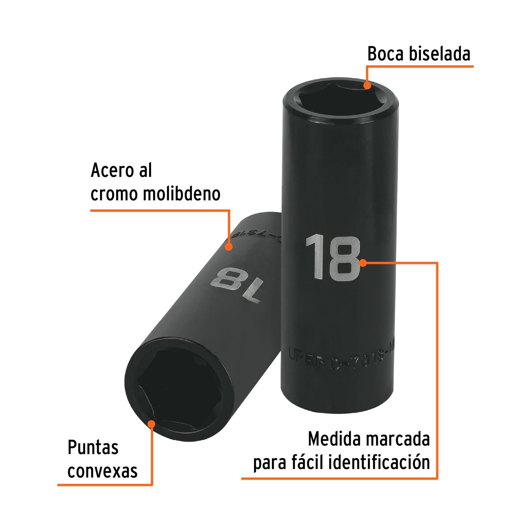 Dado largo cuadro 1/2" de impacto 6 puntas de 18 mm, TRUPER