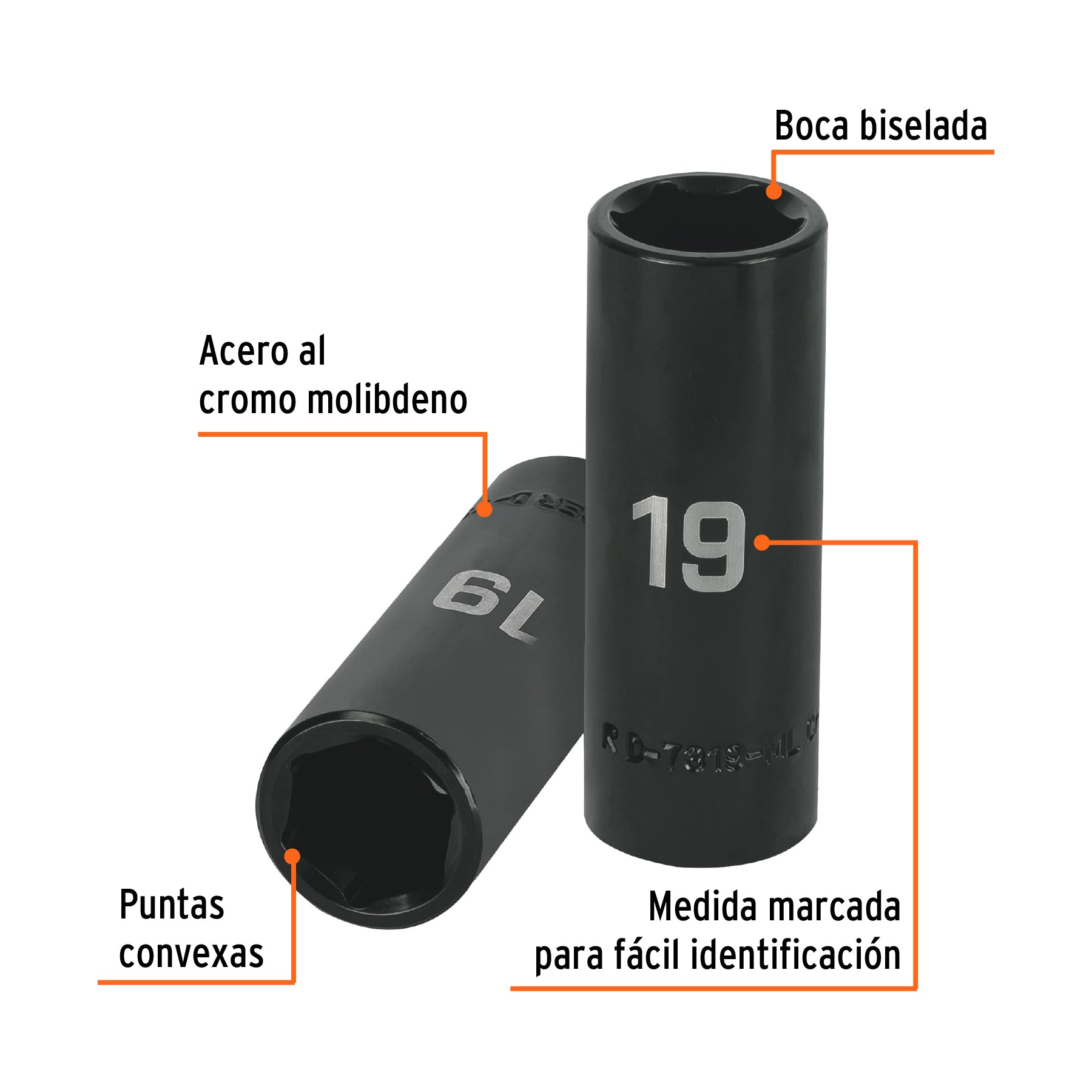 Dado largo cuadro 1/2" de impacto 6 puntas de 19 mm, TRUPER