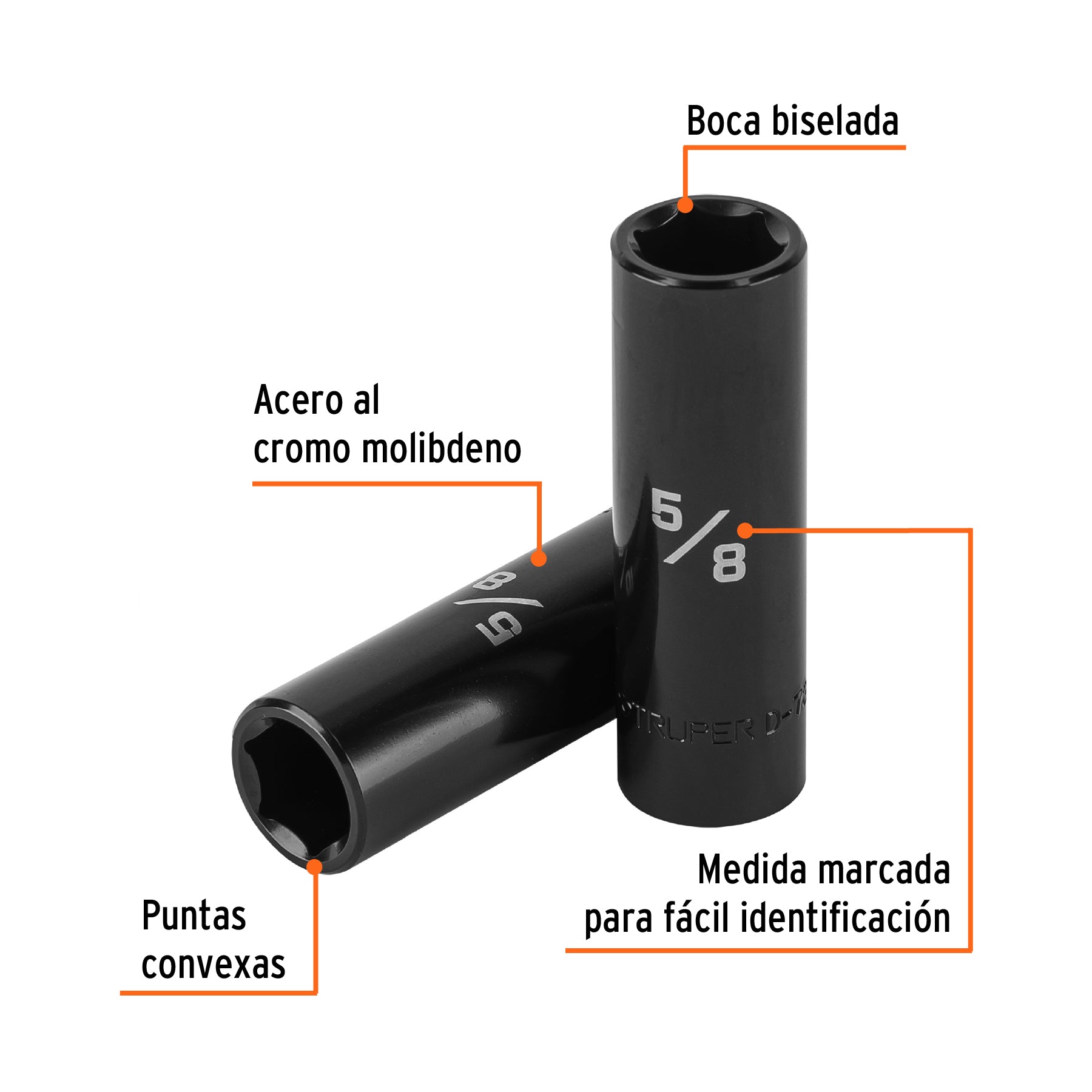 Dado largo impacto de 5/8", 6 puntas, cuadro 1/2", TRUPER