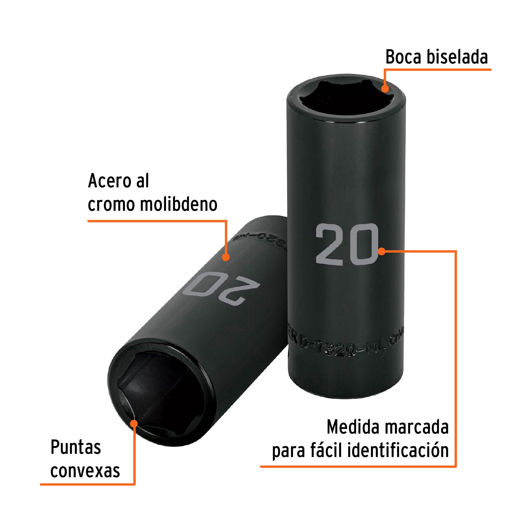 Dado largo cuadro 1/2" de impacto 6 puntas de 20 mm, TRUPER