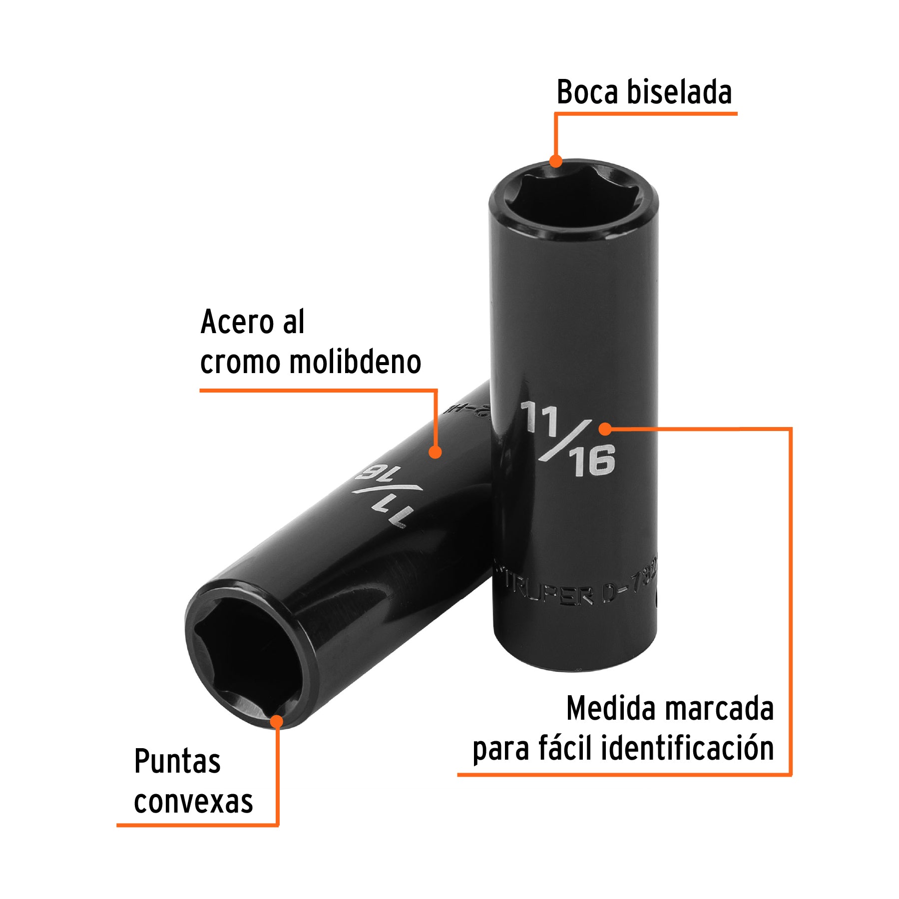 Dado largo impacto de 11/16", 6 puntas, cuadro 1/2", TRUPER