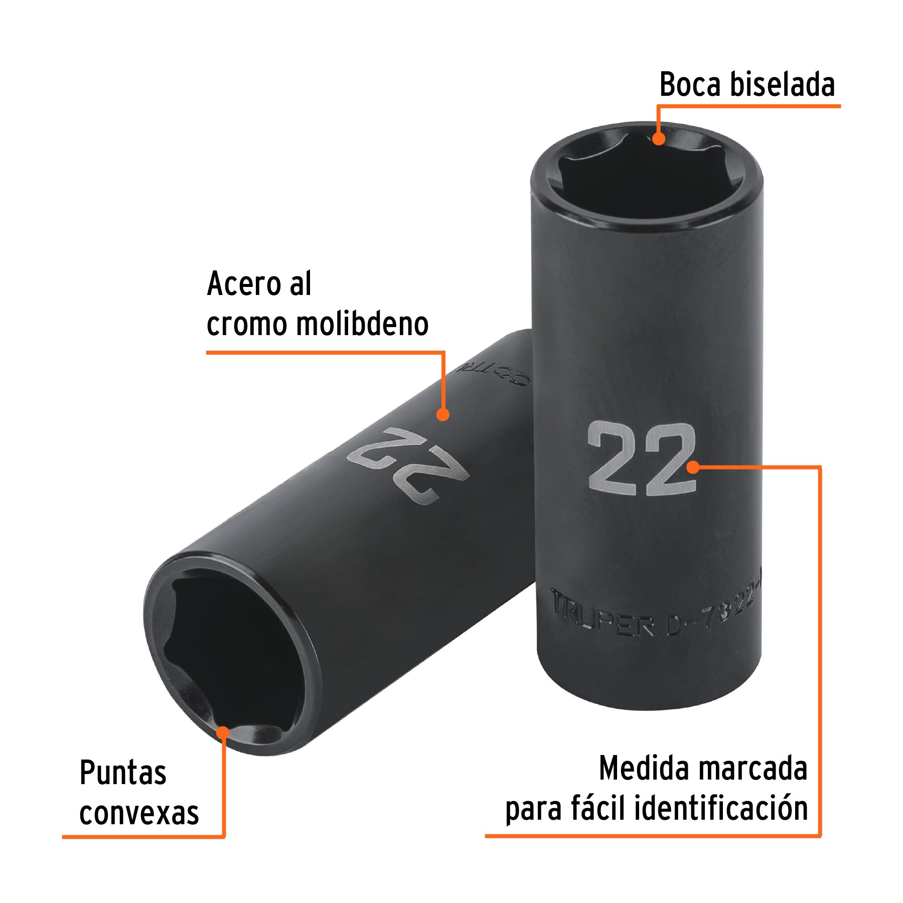 Dado largo impacto de 22 mm, 6 puntas, cuadro 1/2", TRUPER