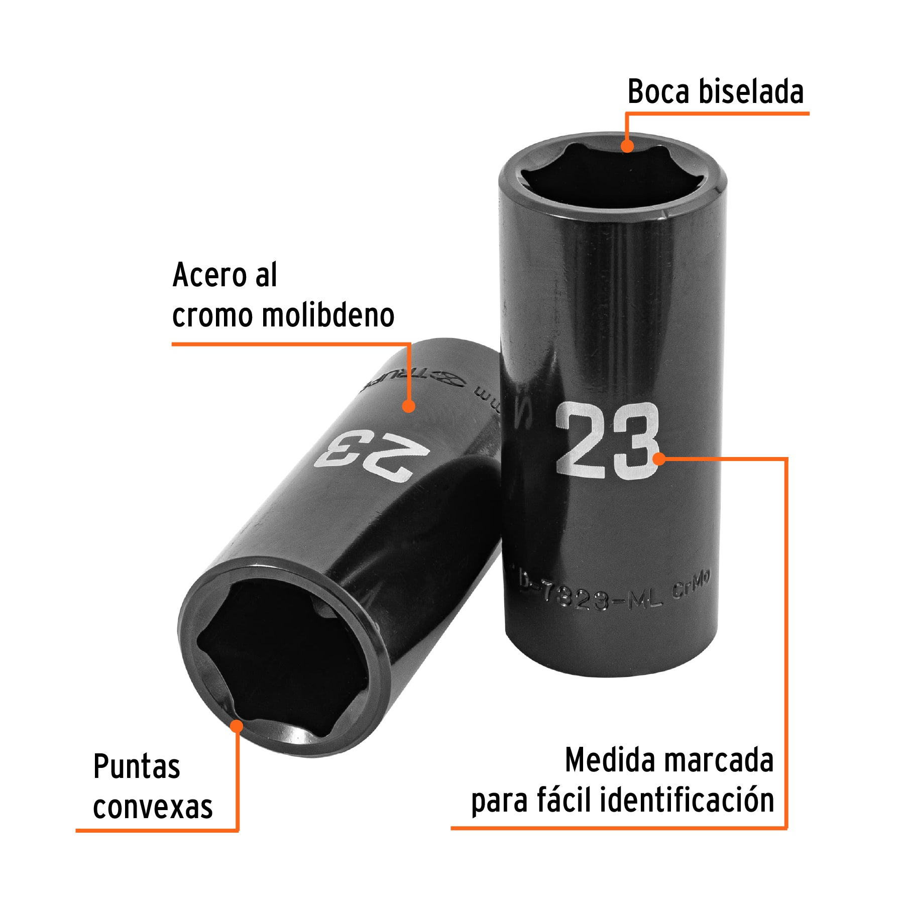 Dado largo impacto de 23 mm, 6 puntas, cuadro 1/2", TRUPER