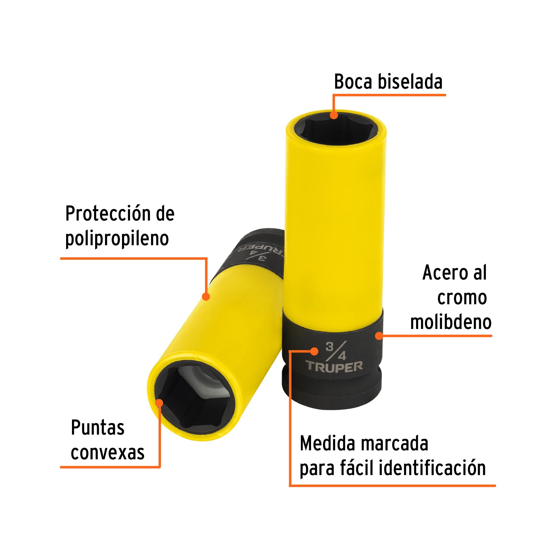 Dado largo impacto prot. plást. 3/4", 6 puntas, cuadro 1/2"