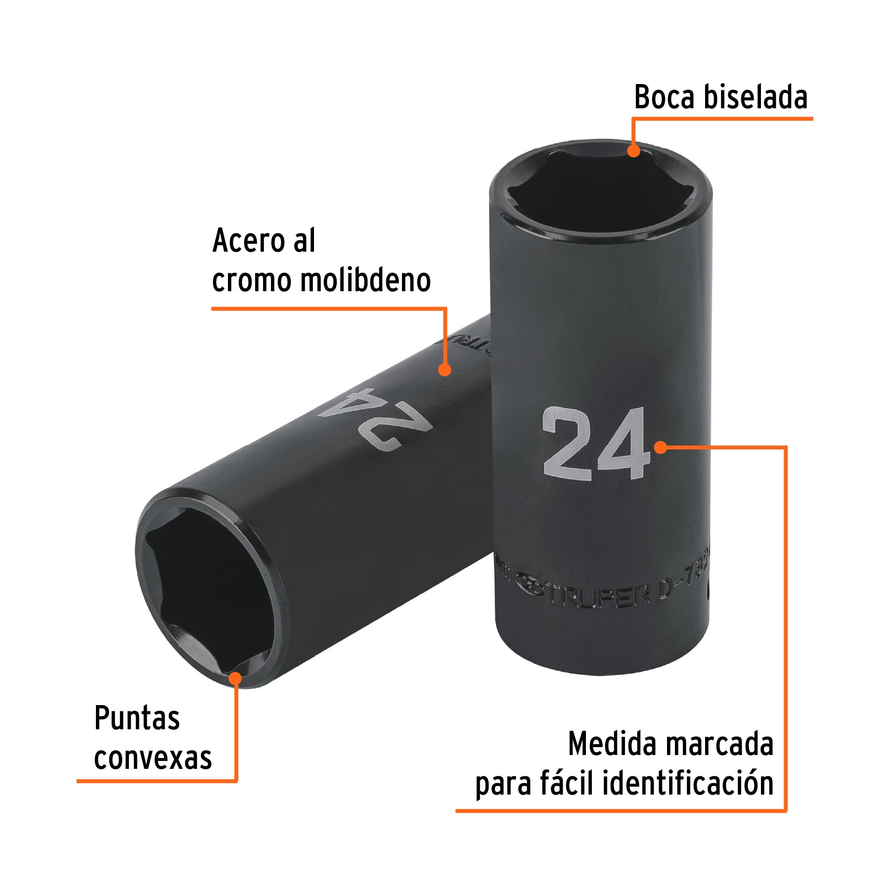 Dado largo impacto de 24 mm, 6 puntas, cuadro 1/2", TRUPER