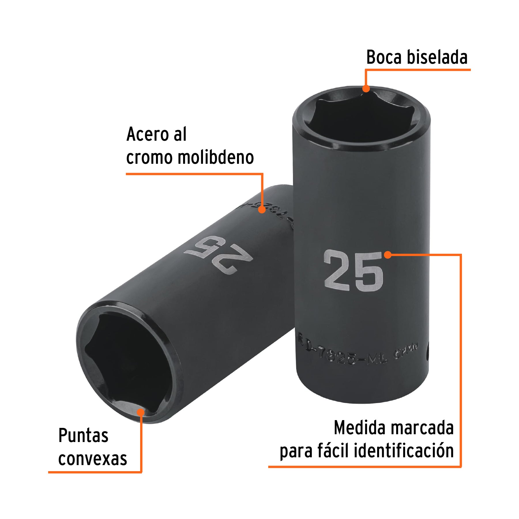 Dado largo impacto de 25 mm, 6 puntas, cuadro 1/2", TRUPER