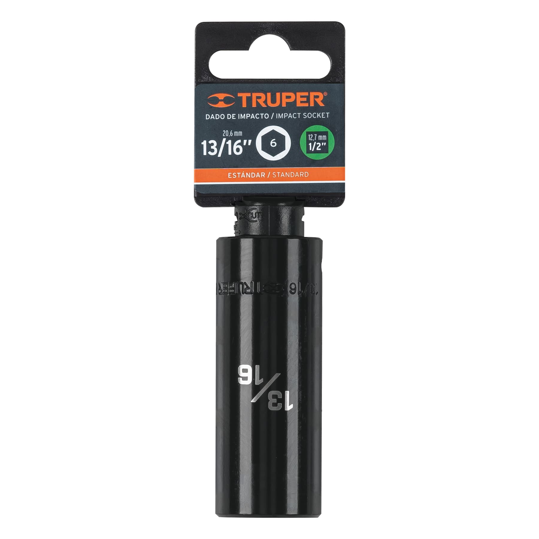 Dado largo impacto de 13/16", 6 puntas, cuadro 1/2", TRUPER