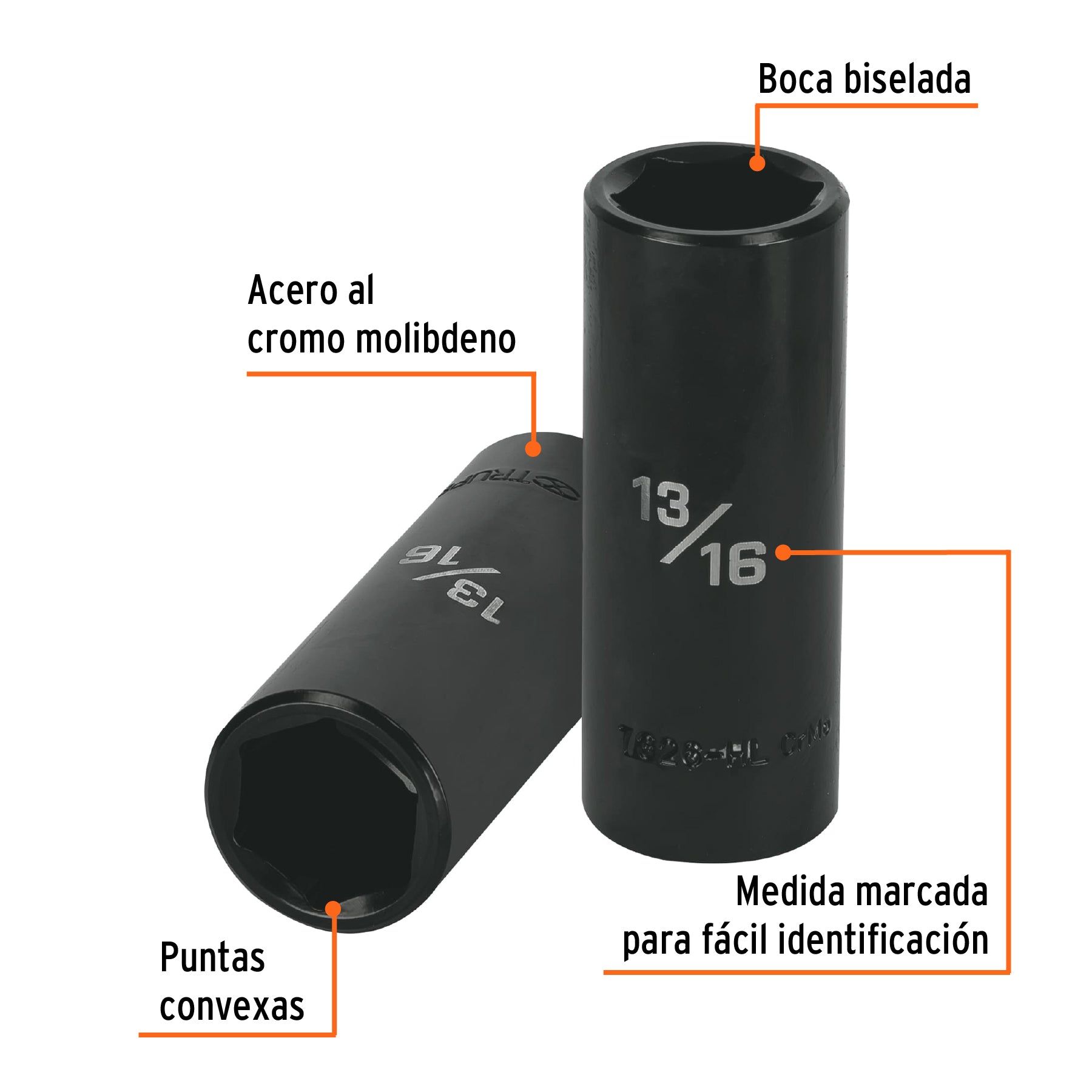 Dado largo impacto de 13/16", 6 puntas, cuadro 1/2", TRUPER