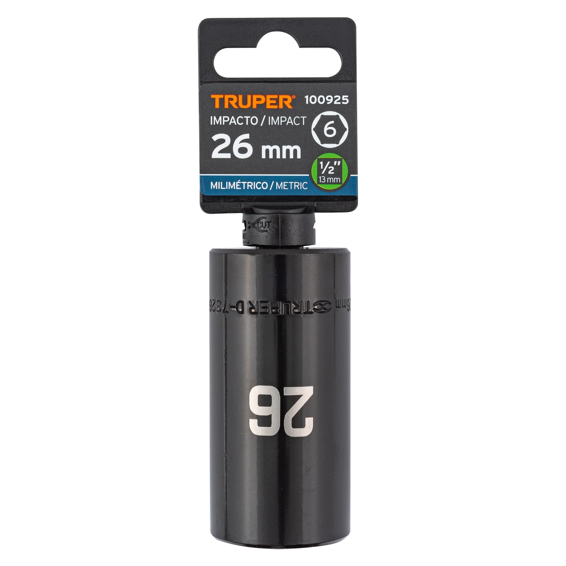 Dado largo impacto de 26 mm, 6 puntas, cuadro 1/2", TRUPER