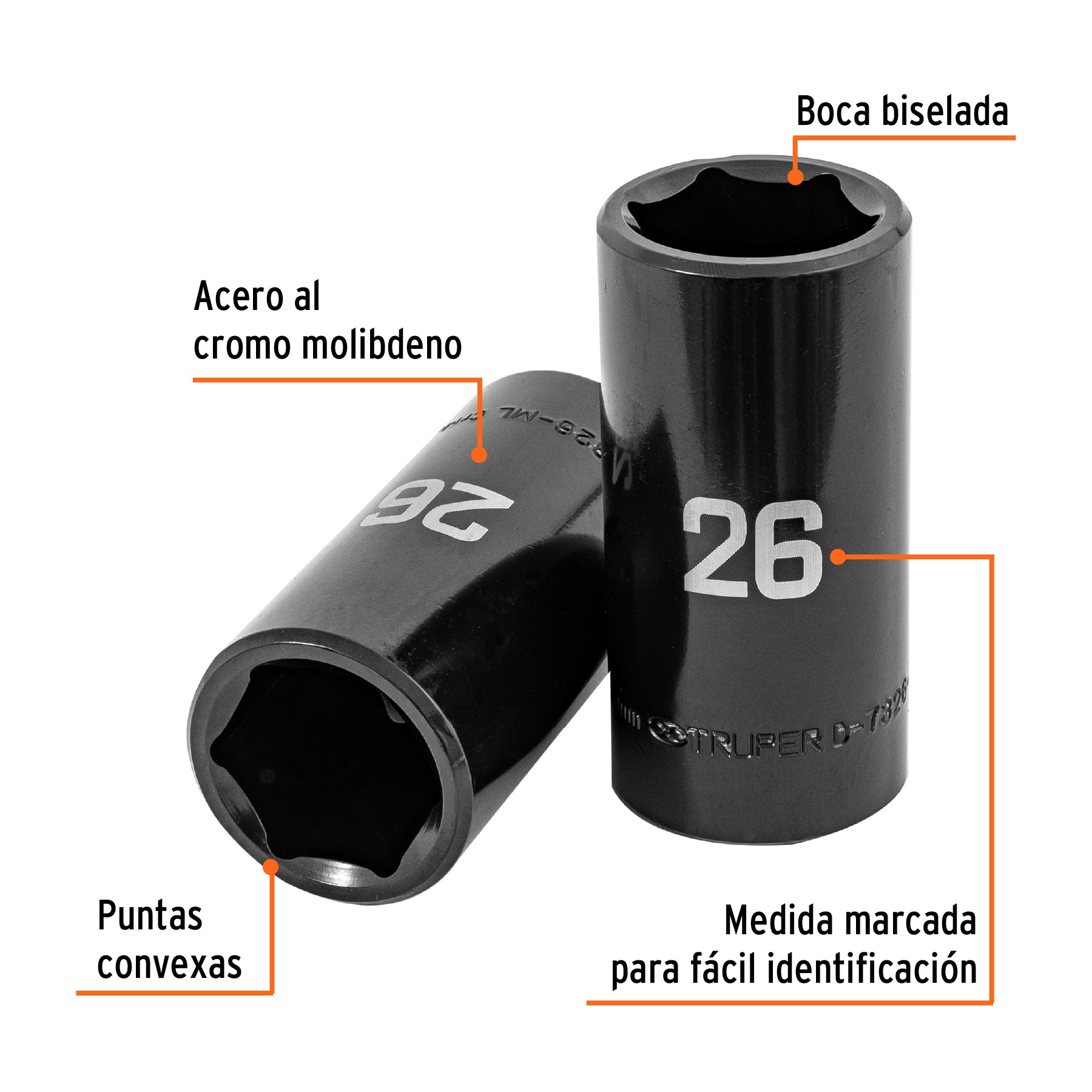 Dado largo impacto de 26 mm, 6 puntas, cuadro 1/2", TRUPER
