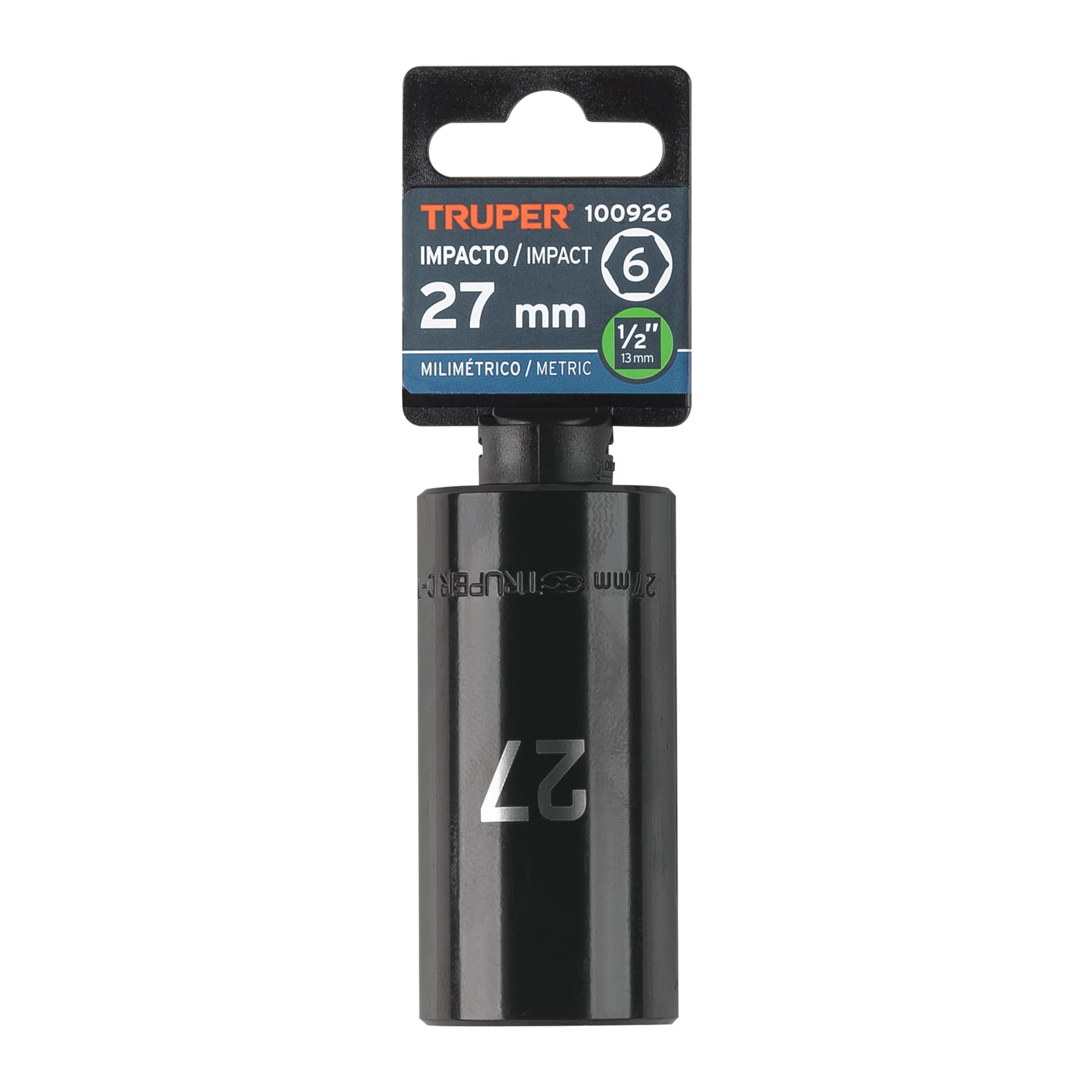 Dado largo impacto de 27 mm, 6 puntas, cuadro 1/2", TRUPER