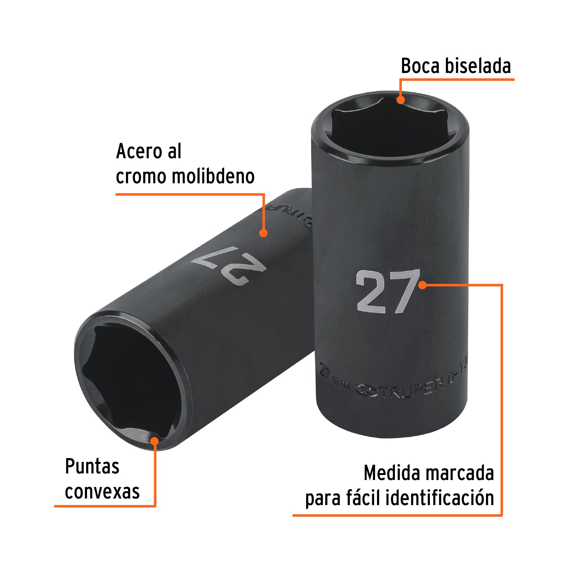 Dado largo impacto de 27 mm, 6 puntas, cuadro 1/2", TRUPER