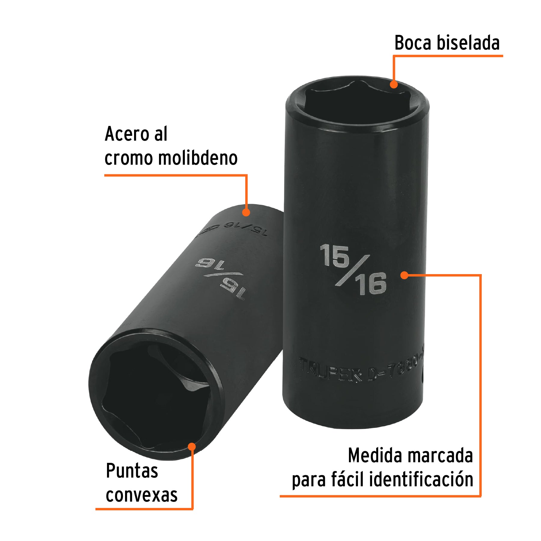Dado largo impacto de 15/16", 6 puntas, cuadro 1/2", TRUPER