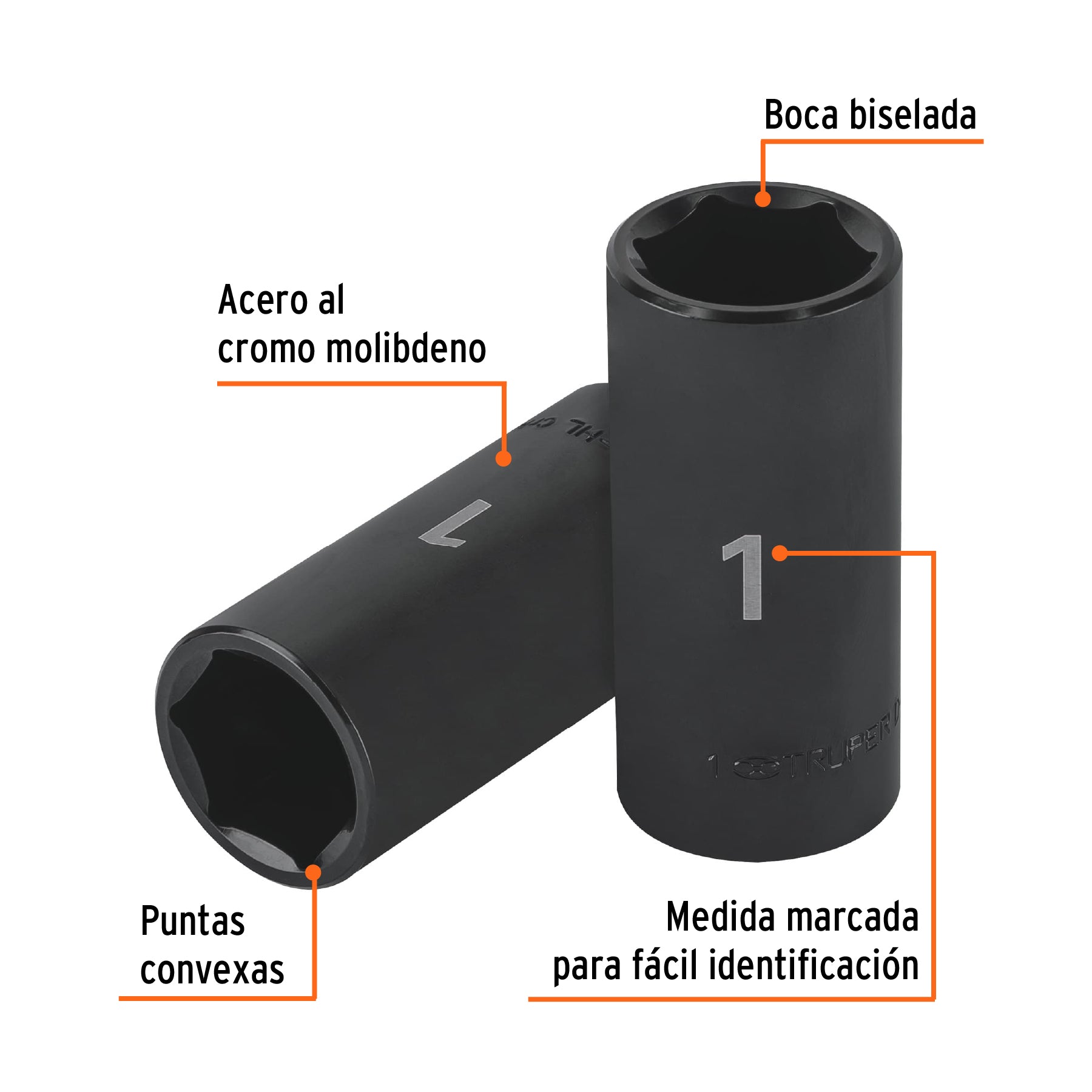 Dado largo impacto de 1", 6 puntas, cuadro 1/2", TRUPER