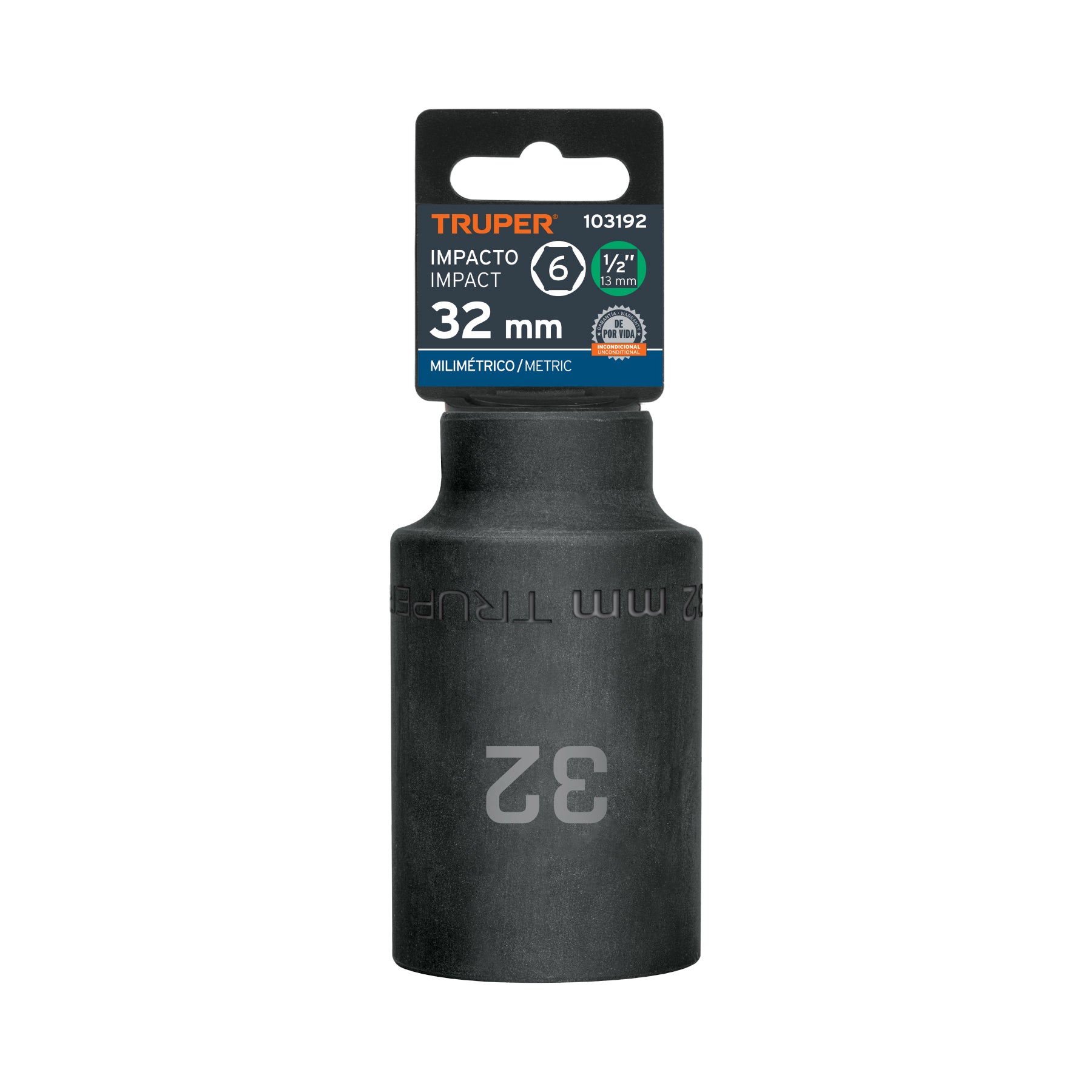 Dado largo impacto de 32 mm, 6 puntas, cuadro 1/2", TRUPER