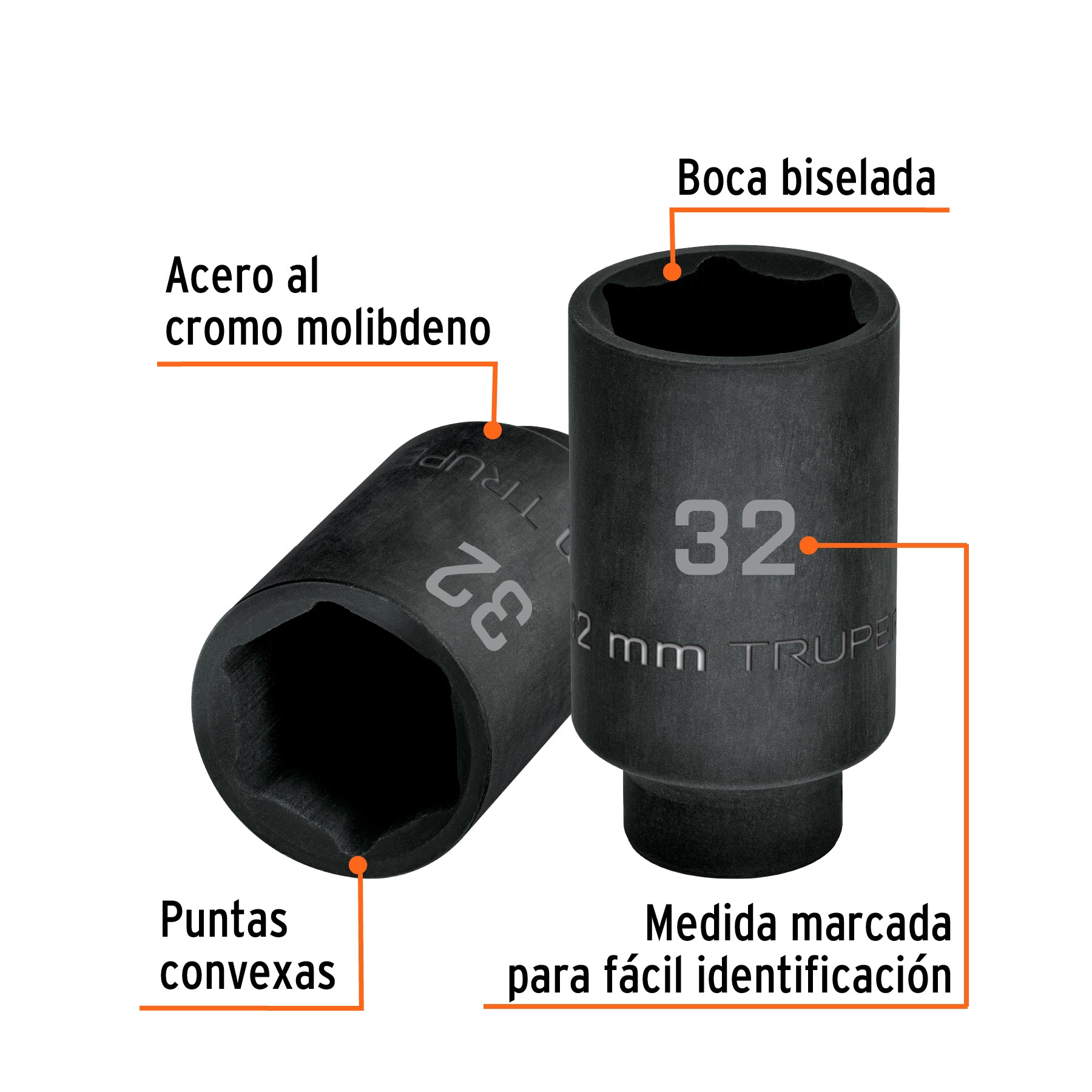 Dado largo impacto de 32 mm, 6 puntas, cuadro 1/2", TRUPER
