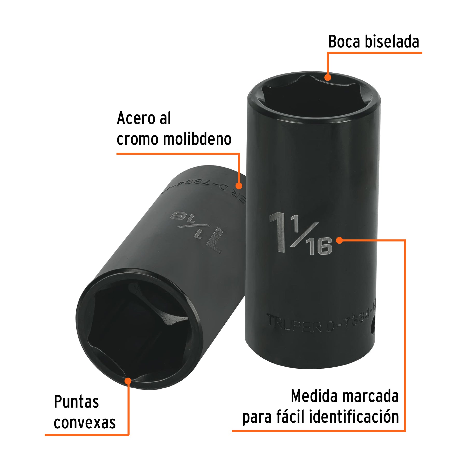 Dado largo impacto de 1-1/16", 6 puntas, cuadro 1/2",Truper