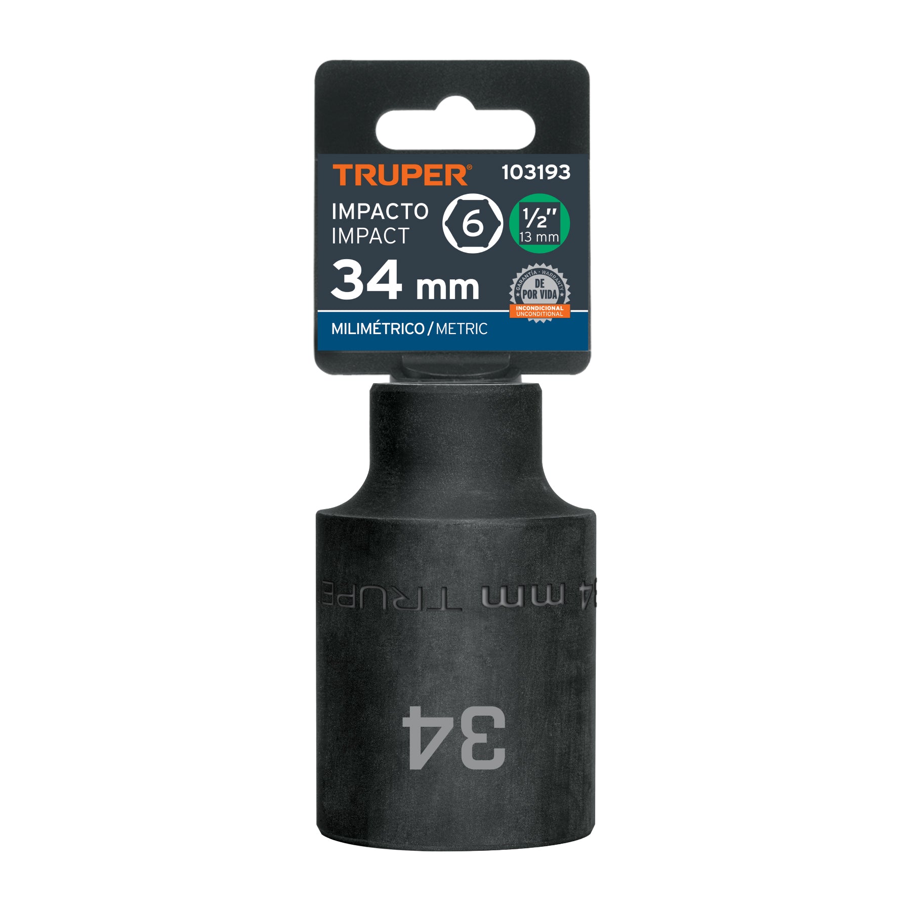 Dado largo impacto de 34 mm, 6 puntas, cuadro 1/2", TRUPER