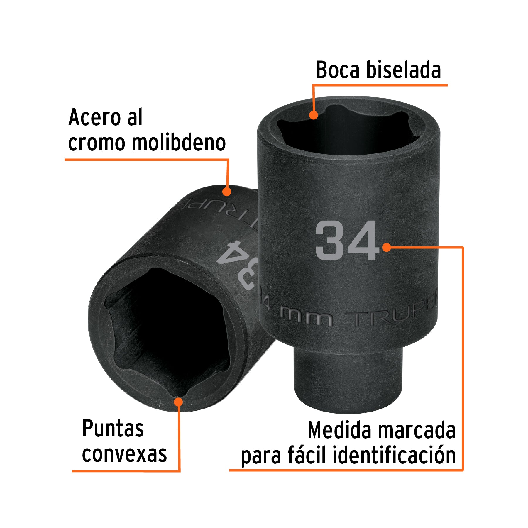Dado largo impacto de 34 mm, 6 puntas, cuadro 1/2", TRUPER