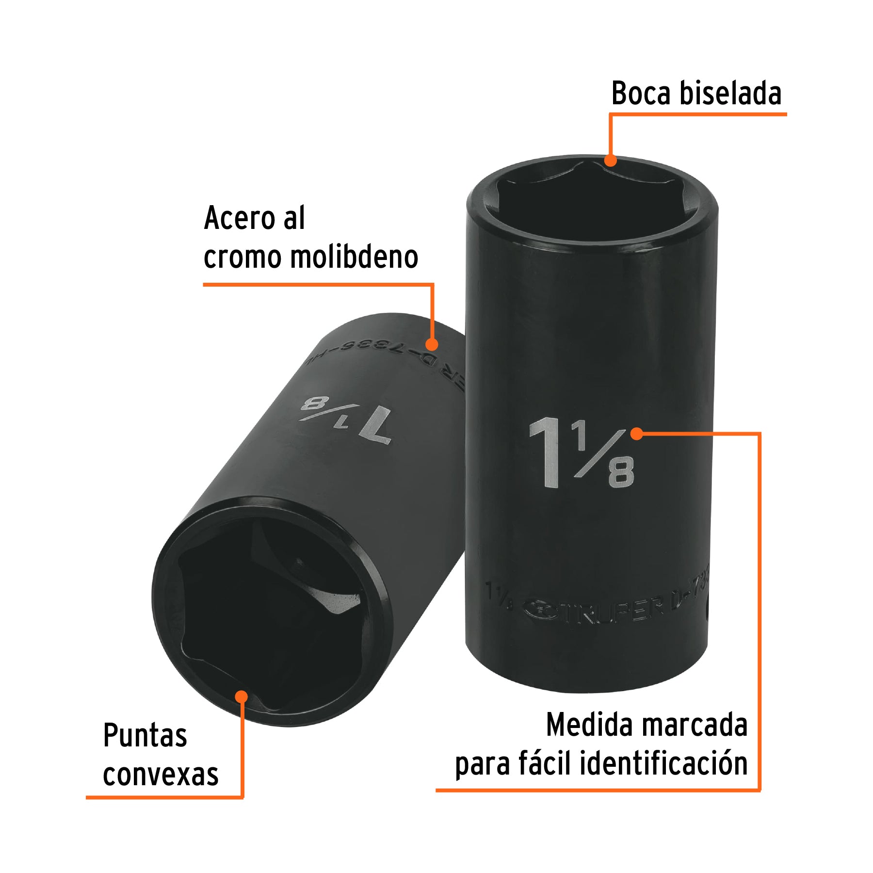 Dado largo impacto de 1-1/8", 6 puntas, cuadro 1/2", TRUPER