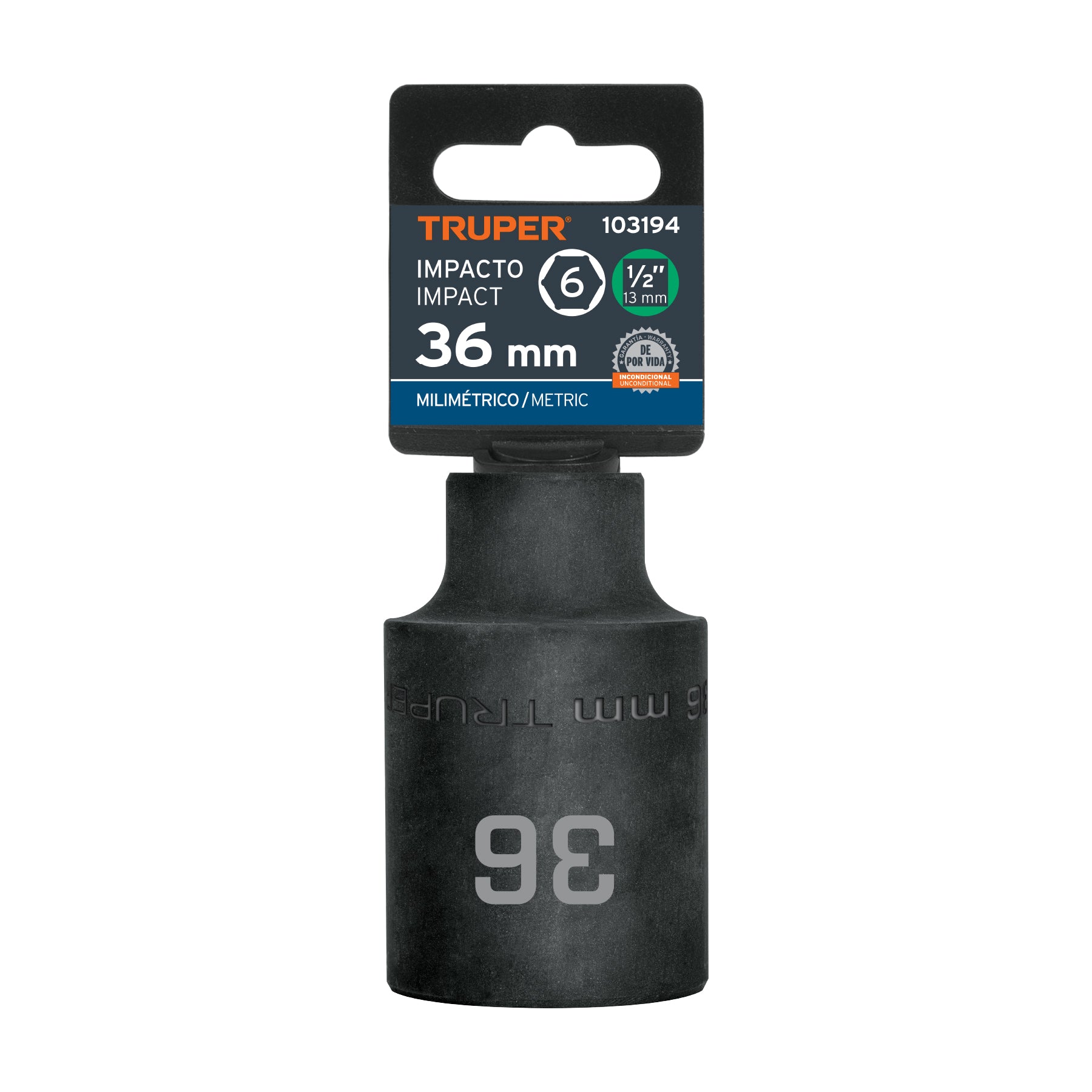 Dado largo impacto de 36 mm, 6 puntas, cuadro 1/2", TRUPER