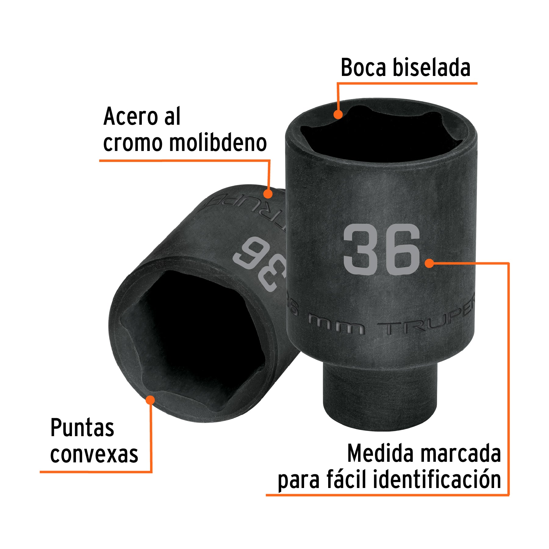Dado largo impacto de 36 mm, 6 puntas, cuadro 1/2", TRUPER