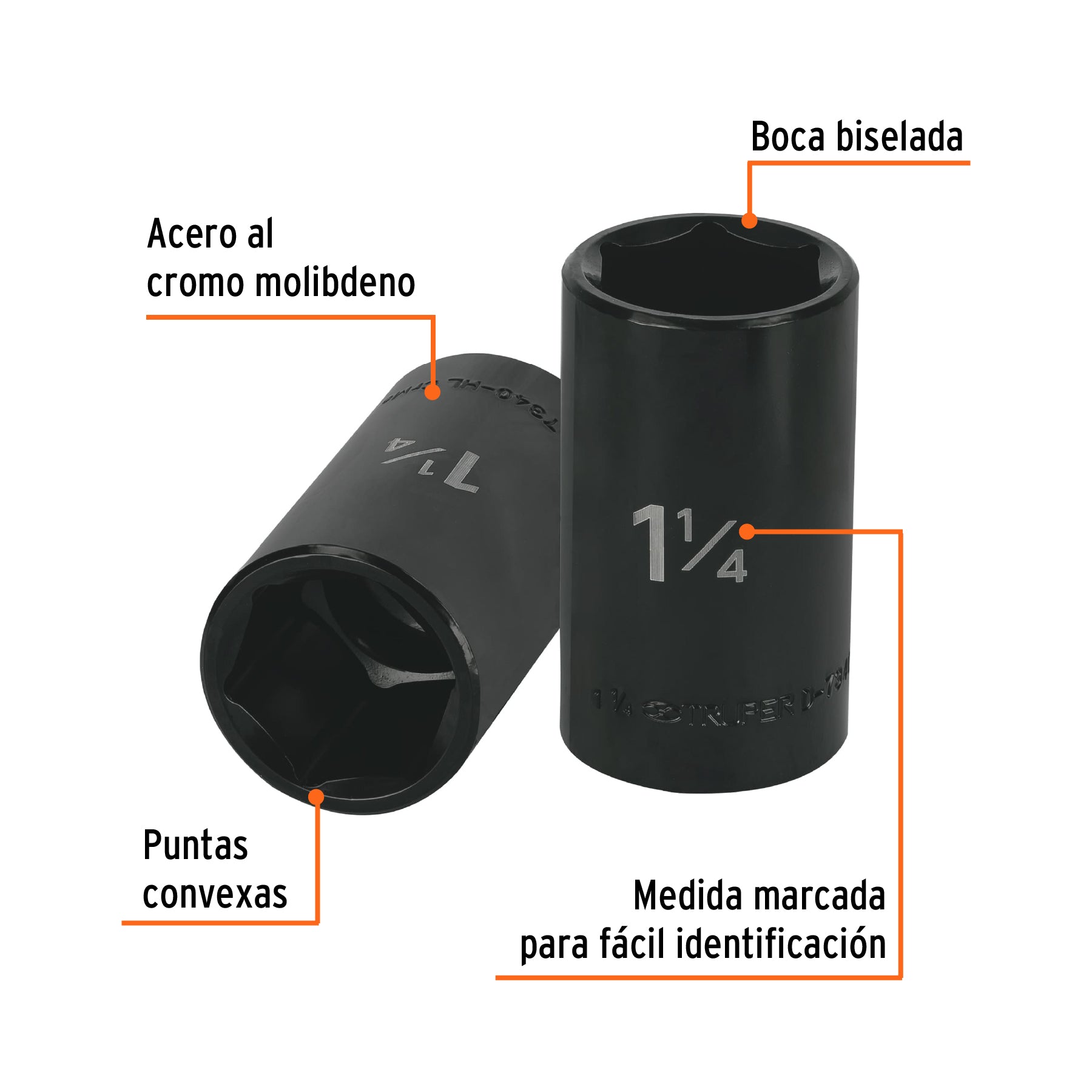 Dado largo impacto de 1-1/4", 6 puntas, cuadro 1/2", TRUPER