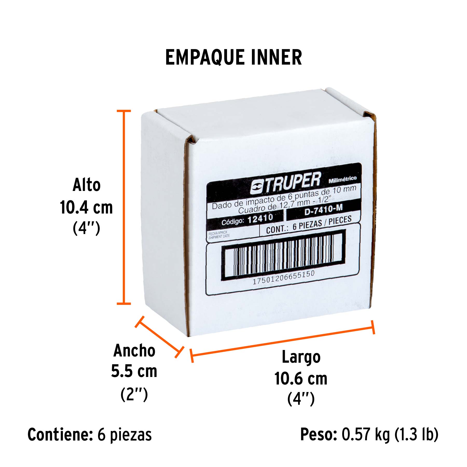 Dado cuadro 1/2" de impacto 6 puntas de 10 mm, TRUPER - Empaque