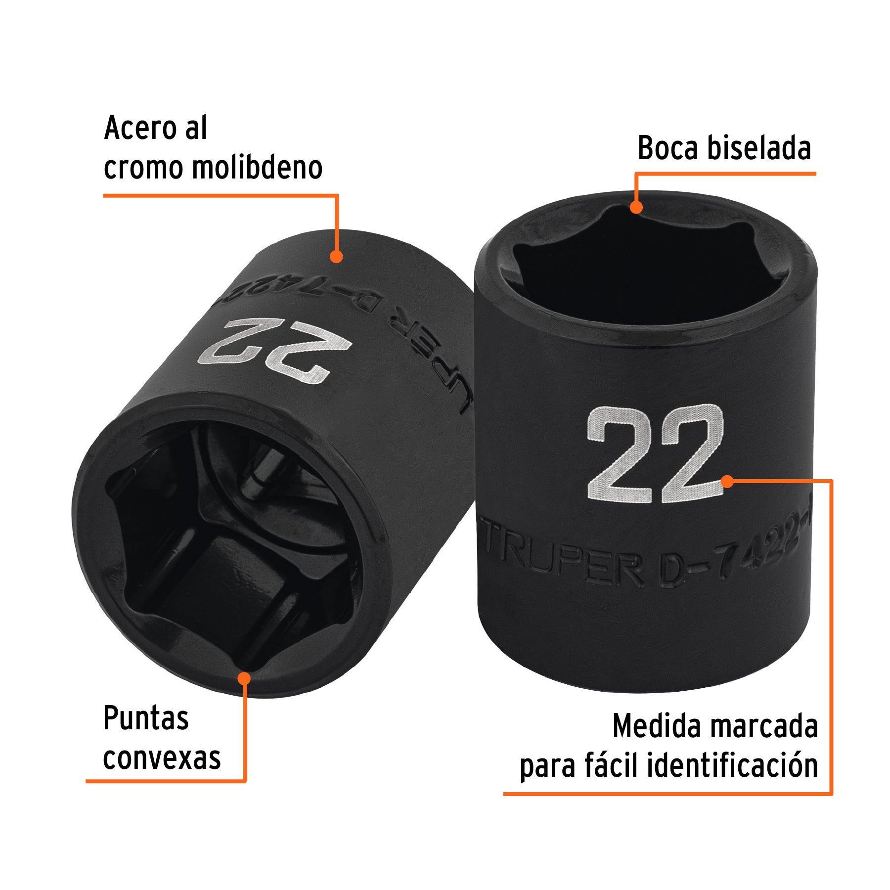 Dado de impacto de 22 mm, 6 puntas, cuadro 1/2", TRUPER