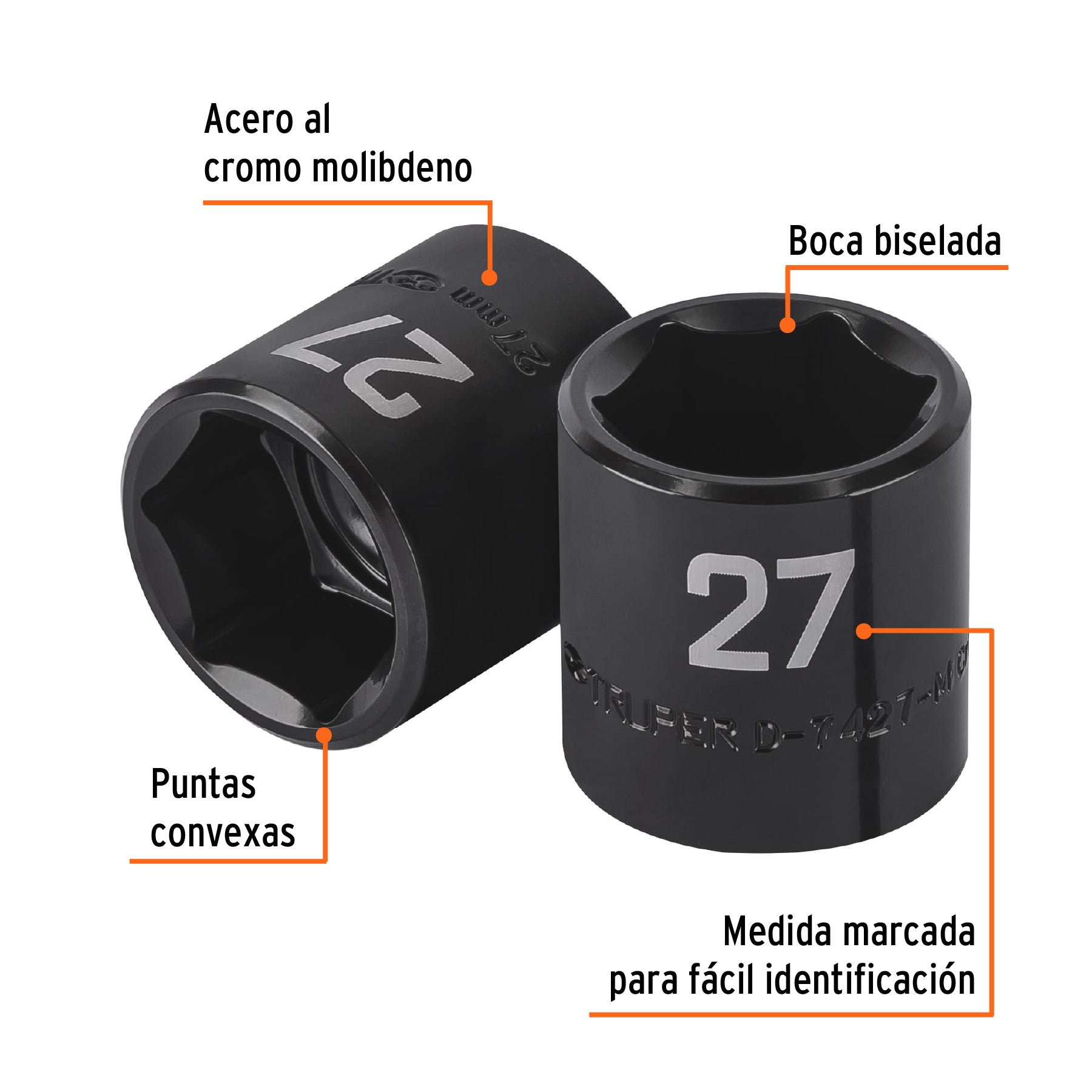 Dado de impacto de 27 mm, 6 puntas, cuadro 1/2", TRUPER