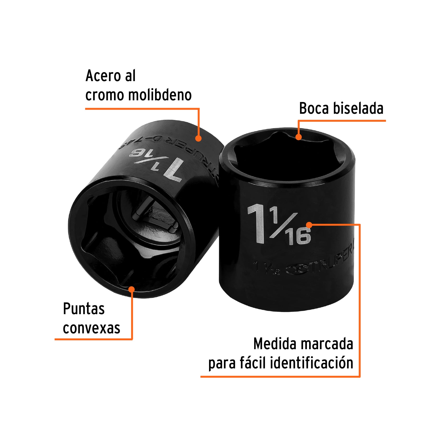 Dado de impacto de 1-1/16", 6 puntas, cuadro 1/2", TRUPER