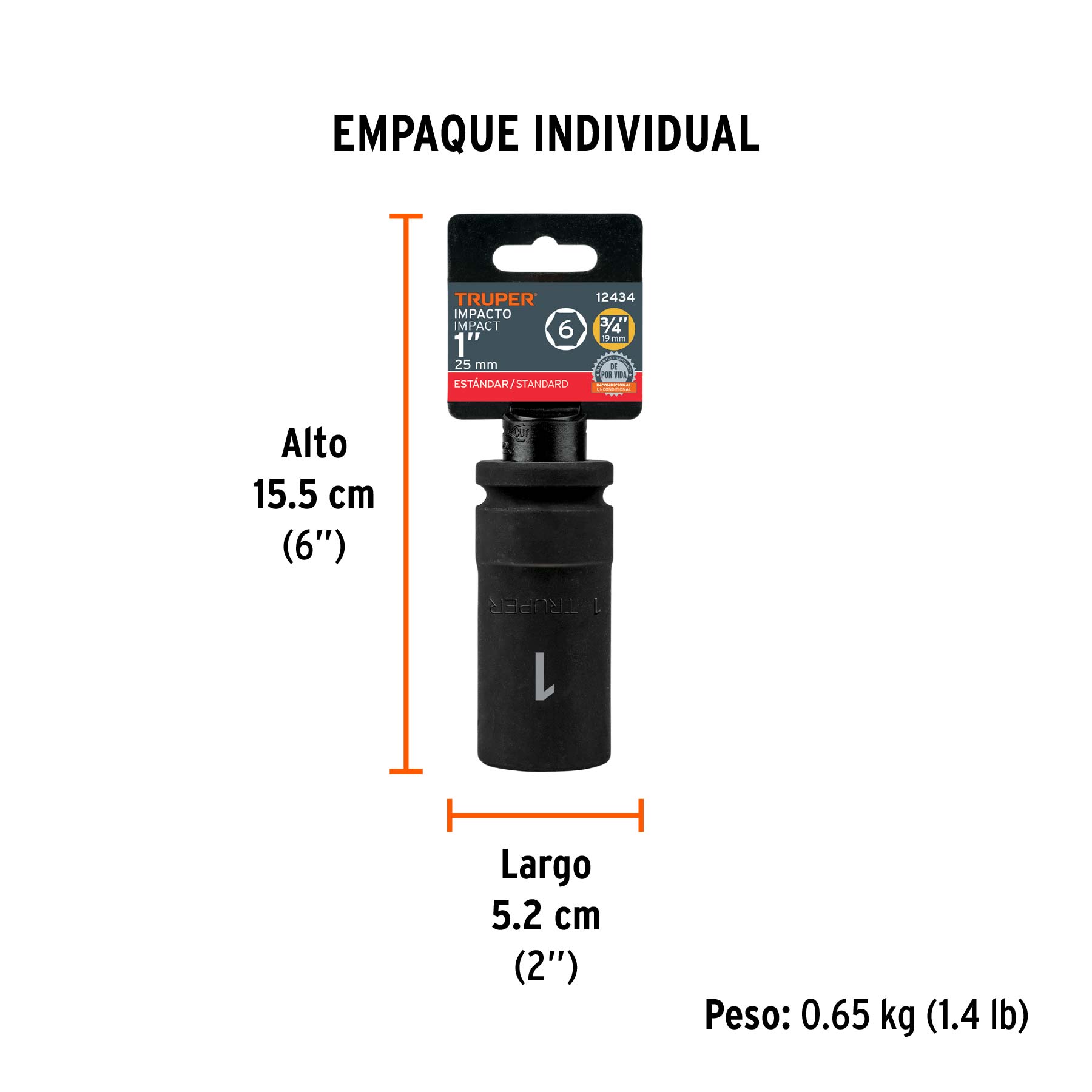Dado largo de impacto de 1", 6 puntas, cuadro 3/4", TRUPER - Empaque
